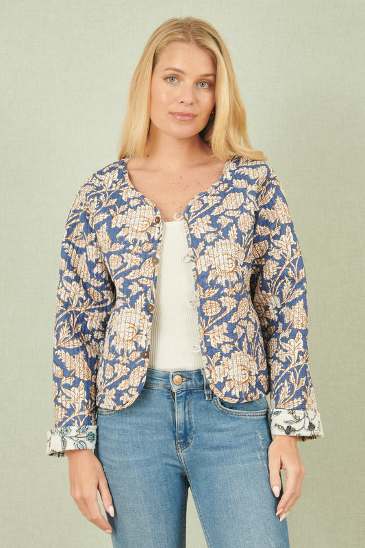 Yumi White Floral Reversible Cotton Quilted Jacket JACKET Yumi