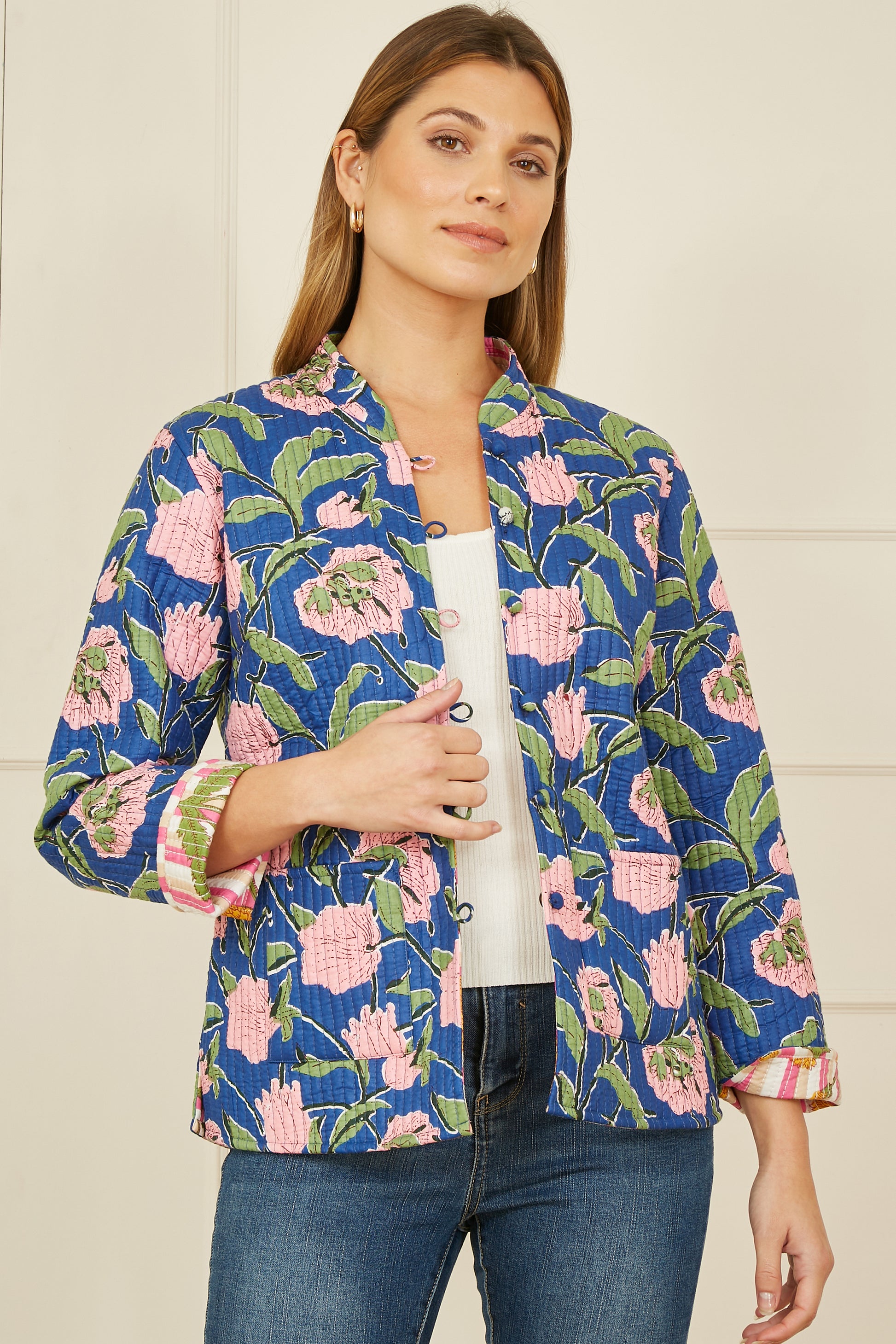 Yumi Pink Floral Reversible Cotton Quilted Jacket JACKET Yumi