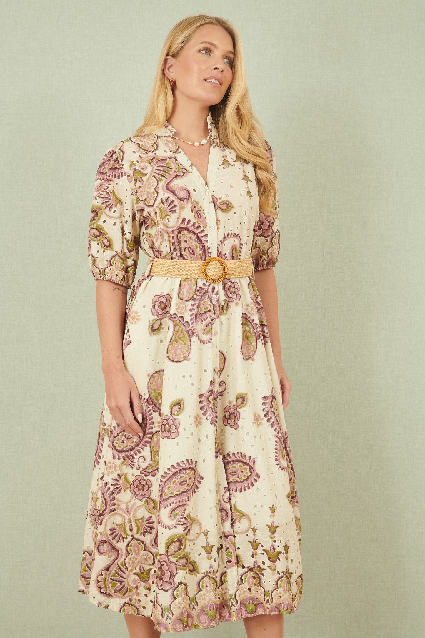 Yumi White Paisley Print Broderie Anglaise Cotton Midi Dress Occasionwear Yumi