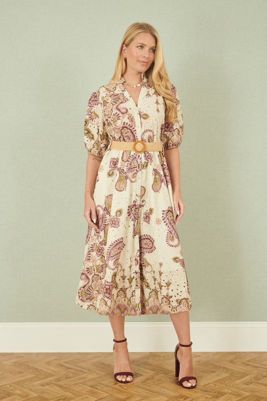 Yumi White Paisley Print Broderie Anglaise Cotton Midi Dress Occasionwear Yumi