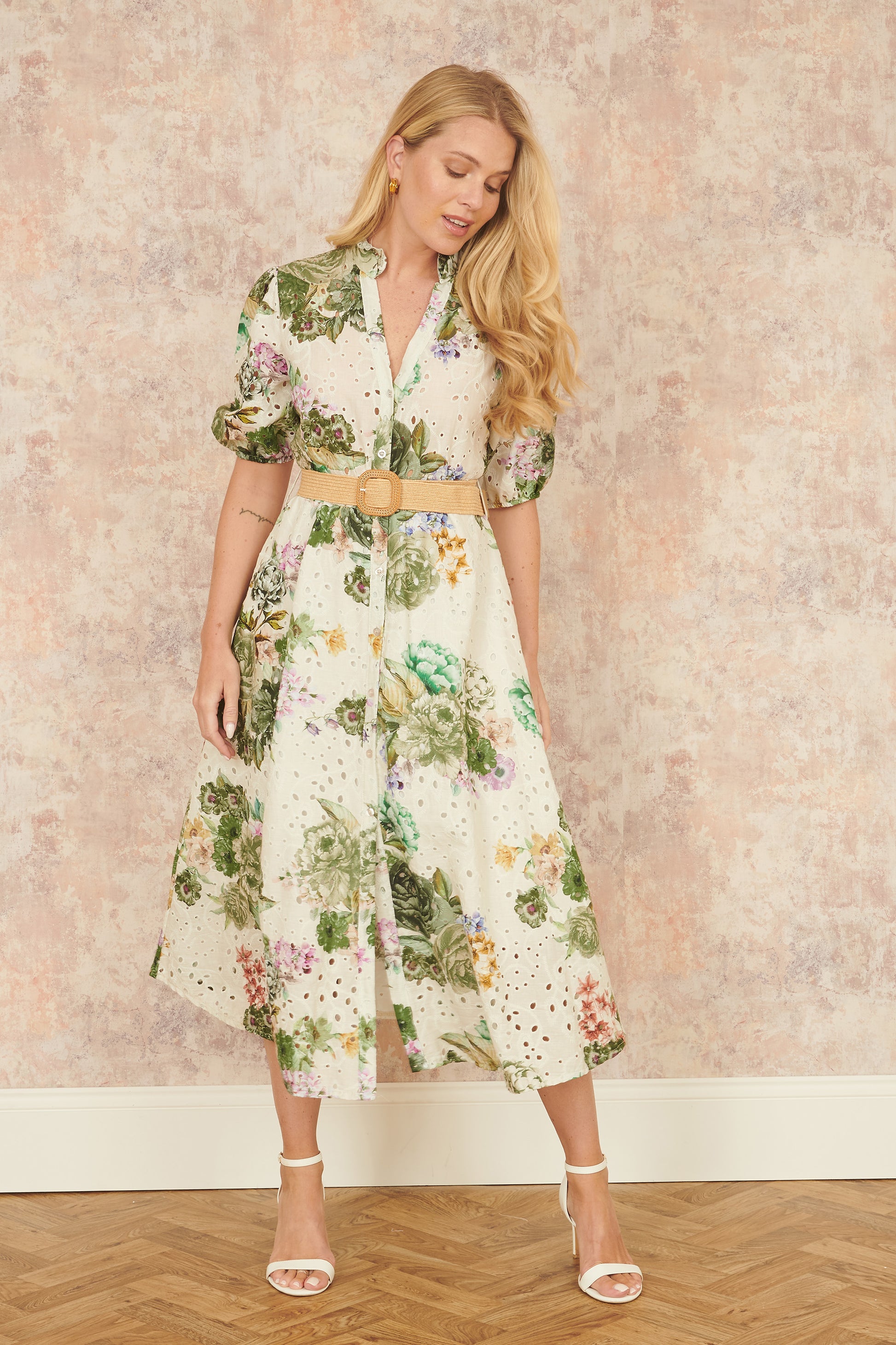 Yumi Green Cotton Broderie Anglaise Midi Shirt Dress Occasionwear Yumi