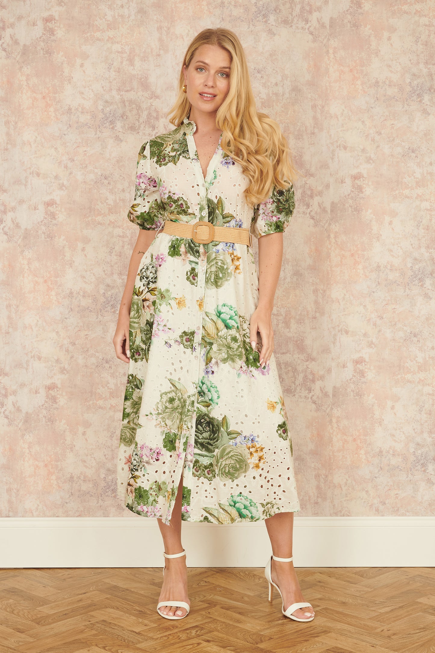 Yumi Green Cotton Broderie Anglaise Midi Shirt Dress Occasionwear Yumi