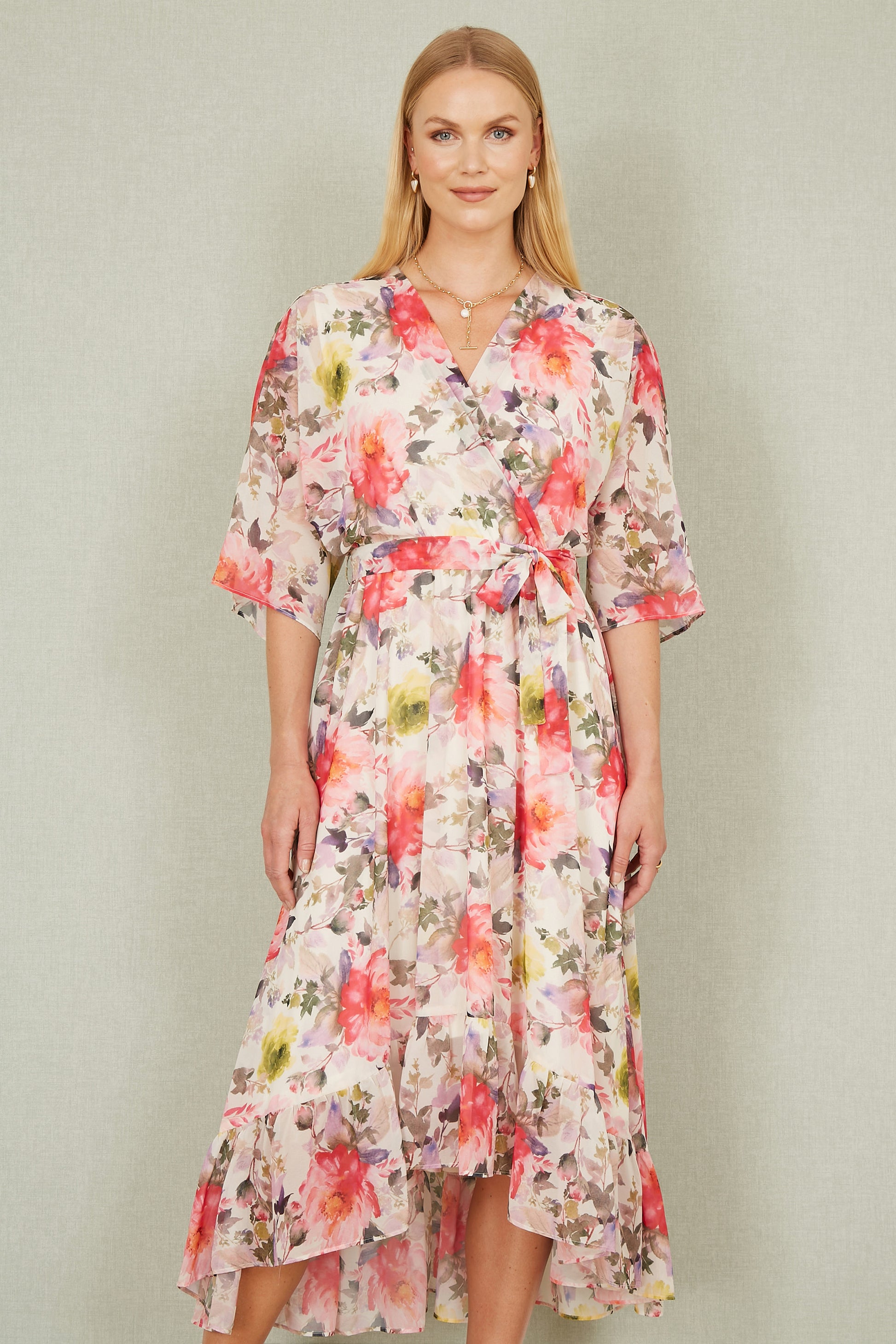 Yumi Ivory Vintage Floral Wrap Midi Dress With Frill Occasionwear Yumi