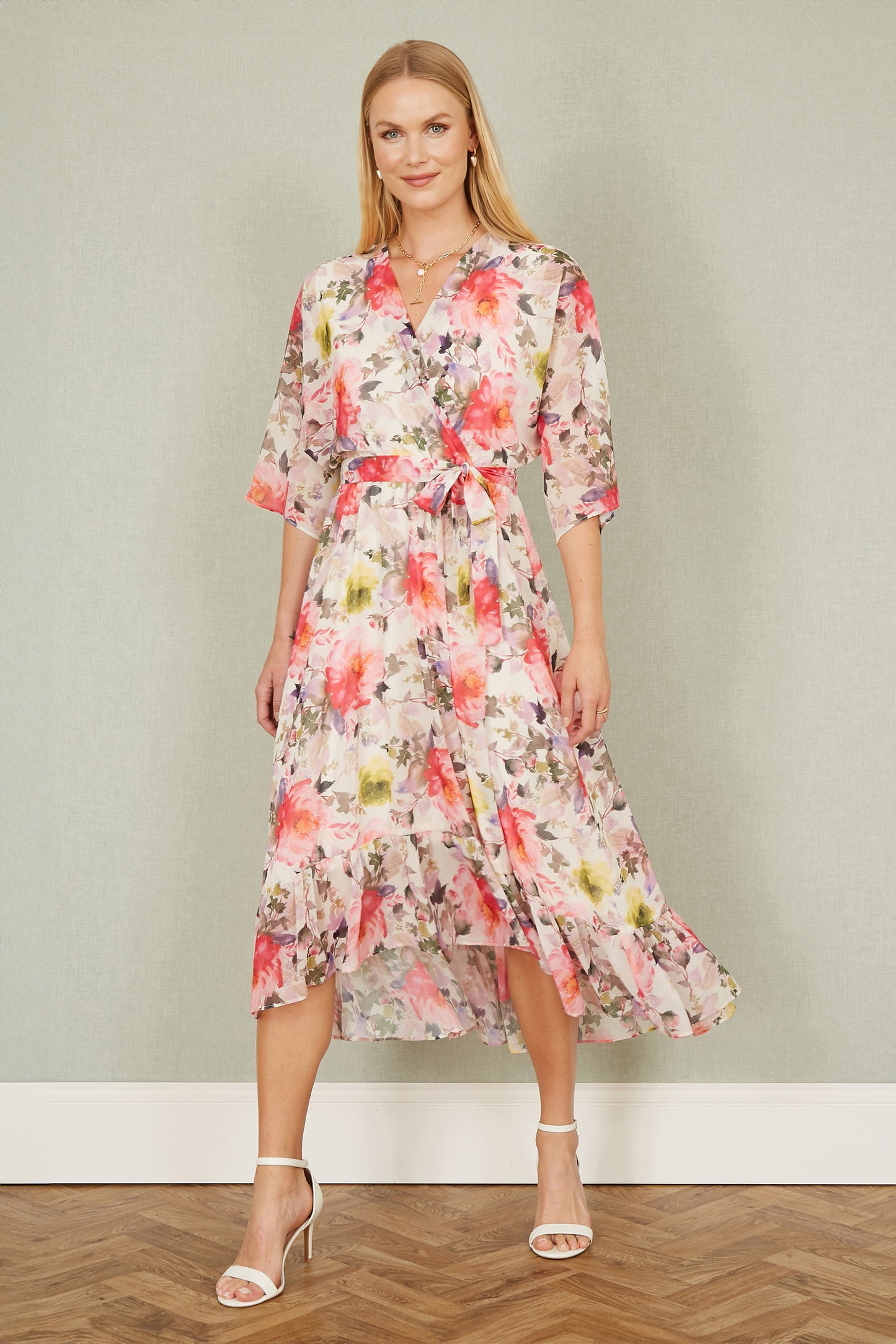 Yumi Ivory Vintage Floral Wrap Midi Dress With Frill Occasionwear Yumi