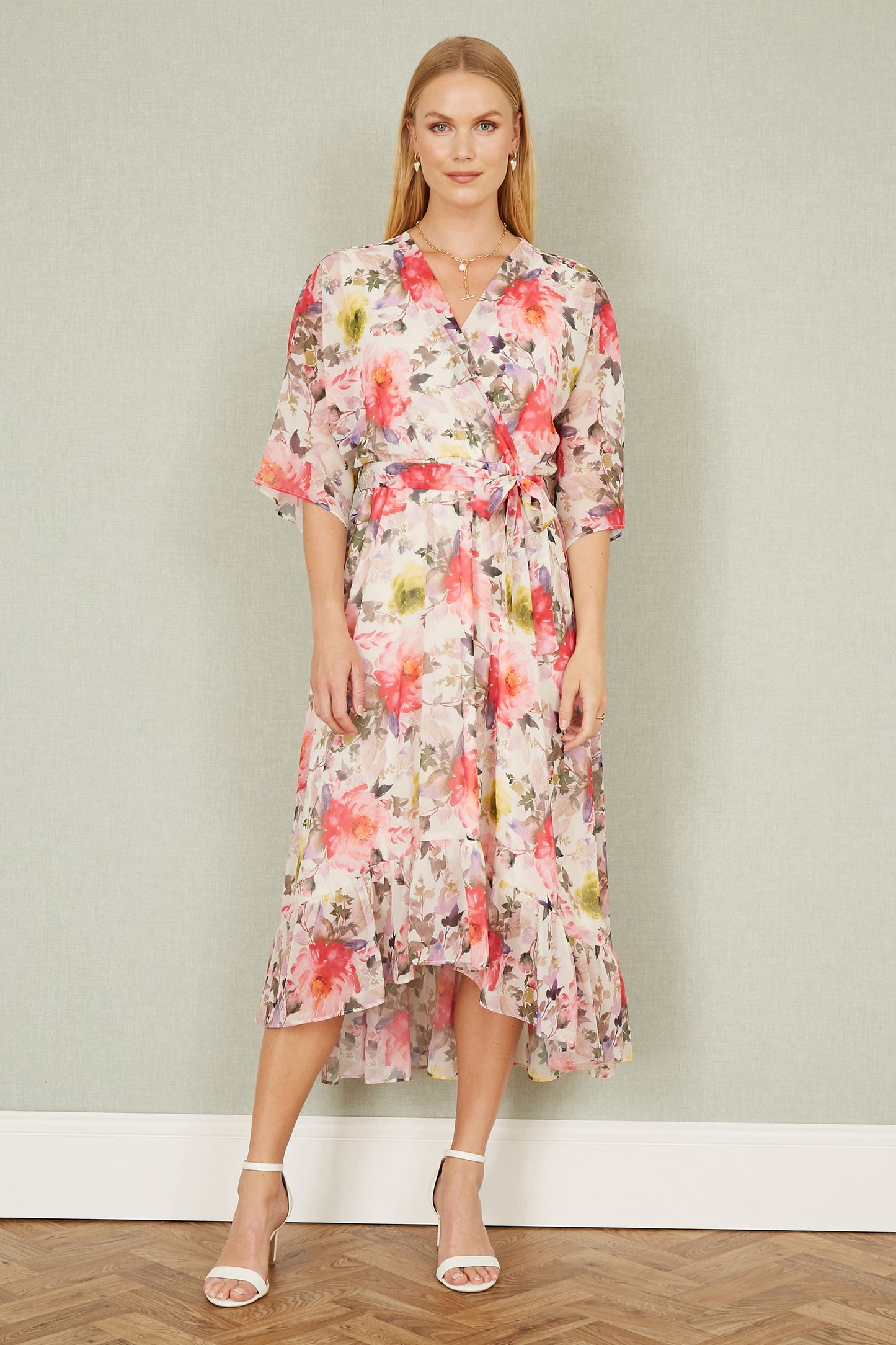 Yumi Ivory Vintage Floral Wrap Midi Dress With Frill Occasionwear Yumi