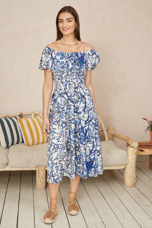 Yumi Blue Ruched Waist Bardot Blossom Tree Print Midi Dress DRES Day Yumi