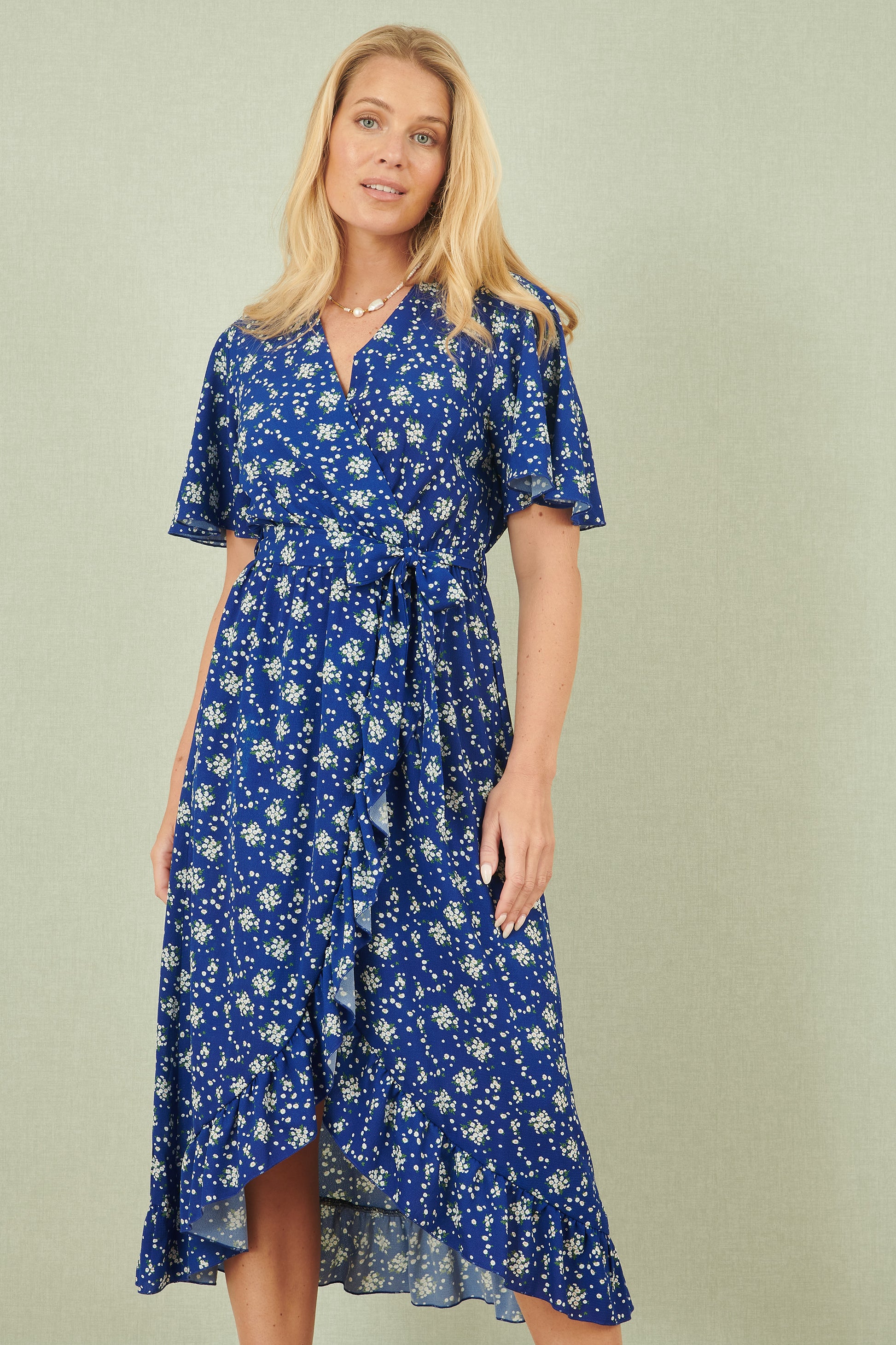 Yumi Blue Floral Wrap Dress With Frill Hem Occasionwear Yumi