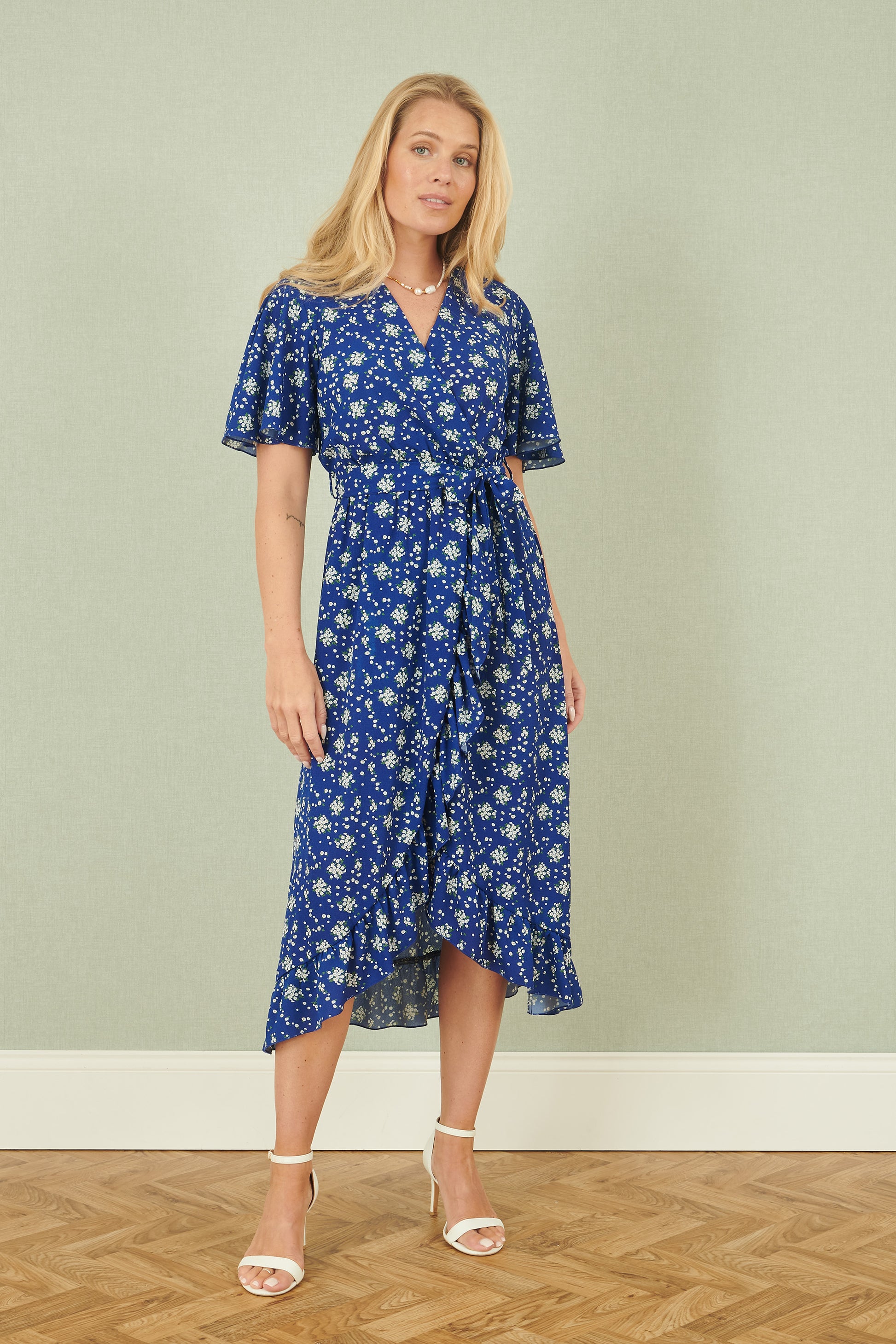 Yumi Blue Floral Wrap Dress With Frill Hem Occasionwear Yumi