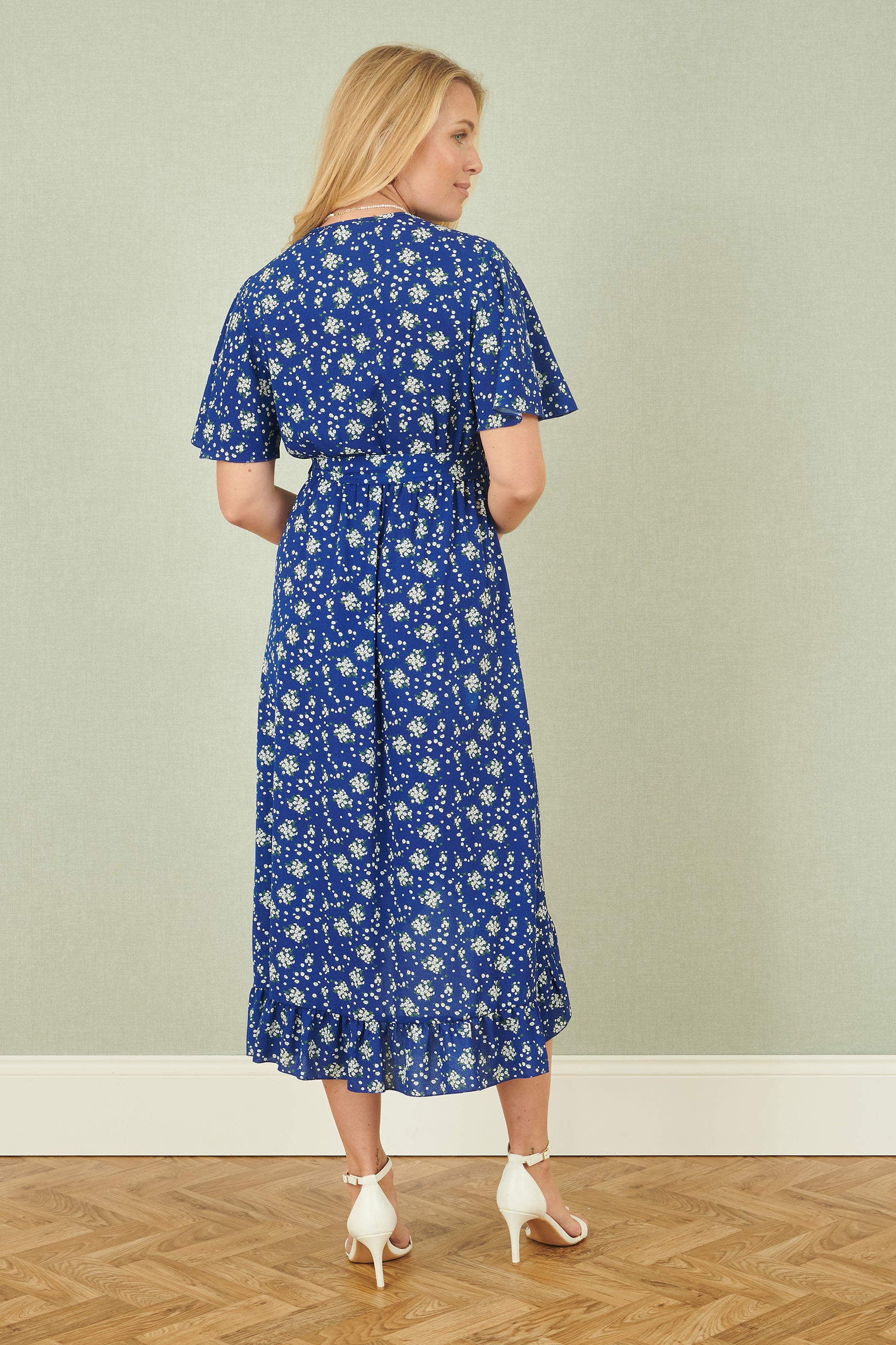 Yumi Blue Floral Wrap Dress With Frill Hem Occasionwear Yumi