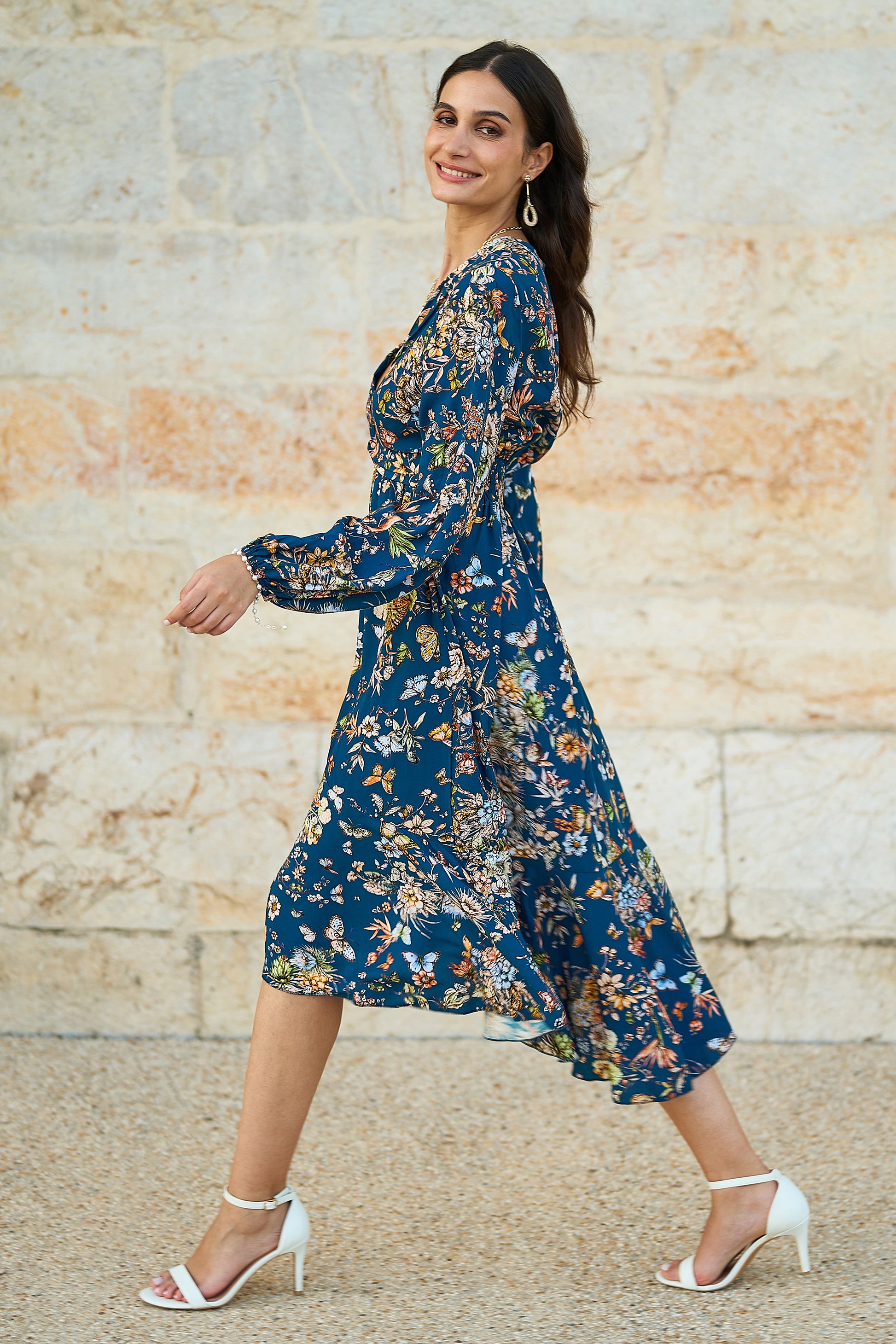 Yumi Blue Butterly Floral Tie Knot Front Long Sleeve Midi Dress DRES Day Yumi