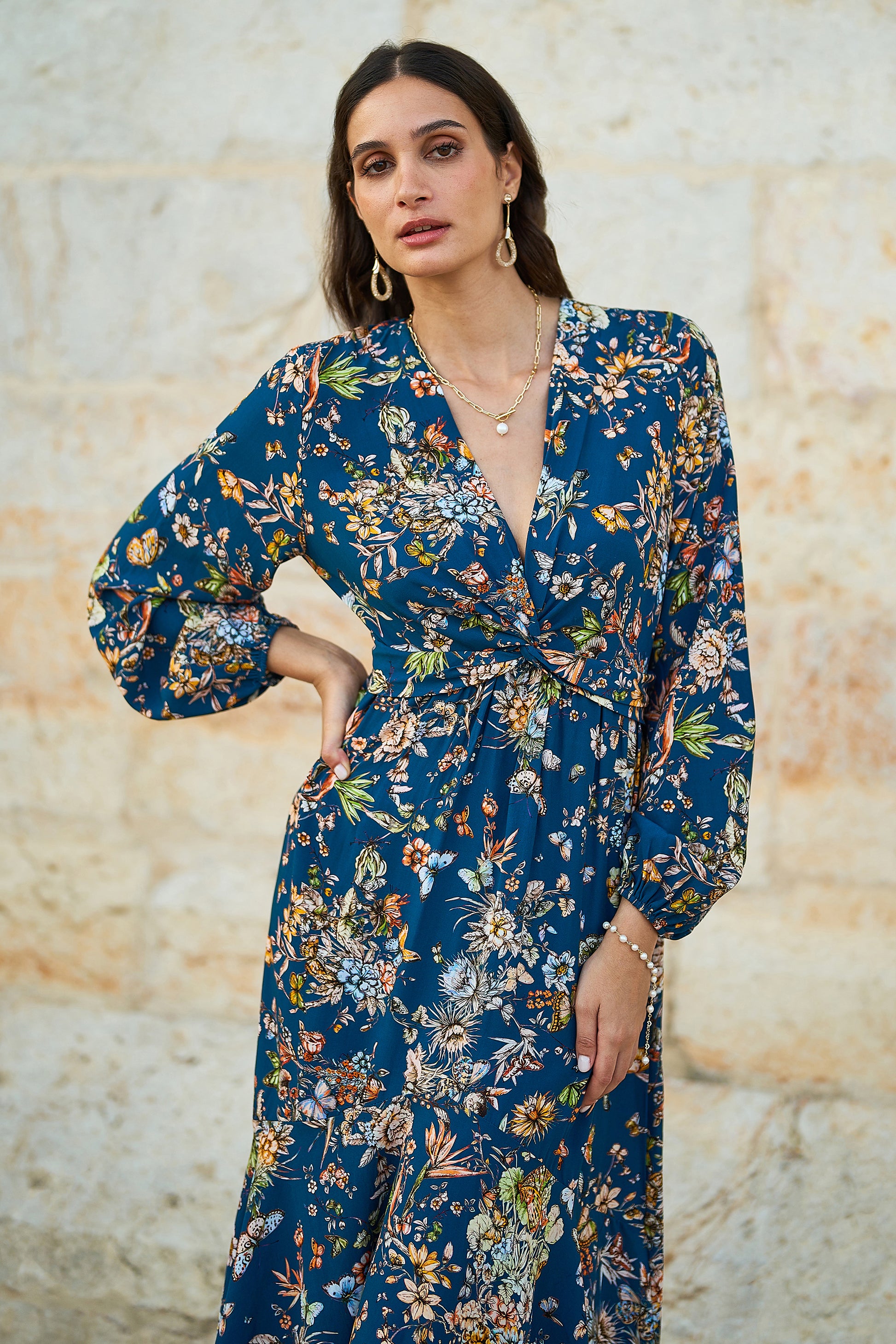 Yumi Blue Butterly Floral Tie Knot Front Long Sleeve Midi Dress DRES Day Yumi