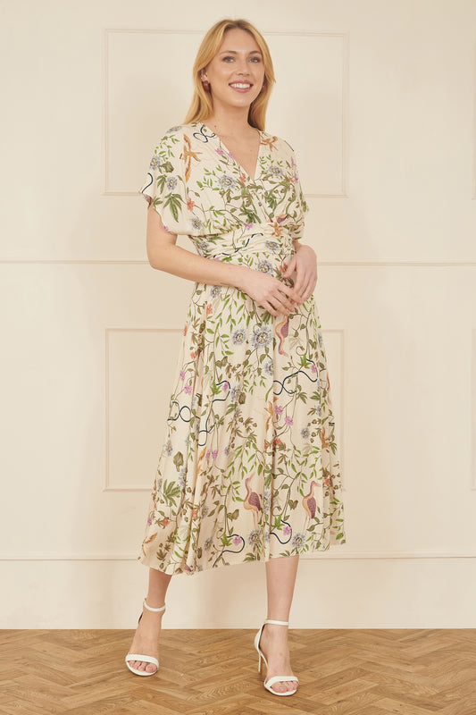 Yumi Ivory Floral Print Ruched Waist Midi Dress With Kimono Sleeves DRES Day Yumi