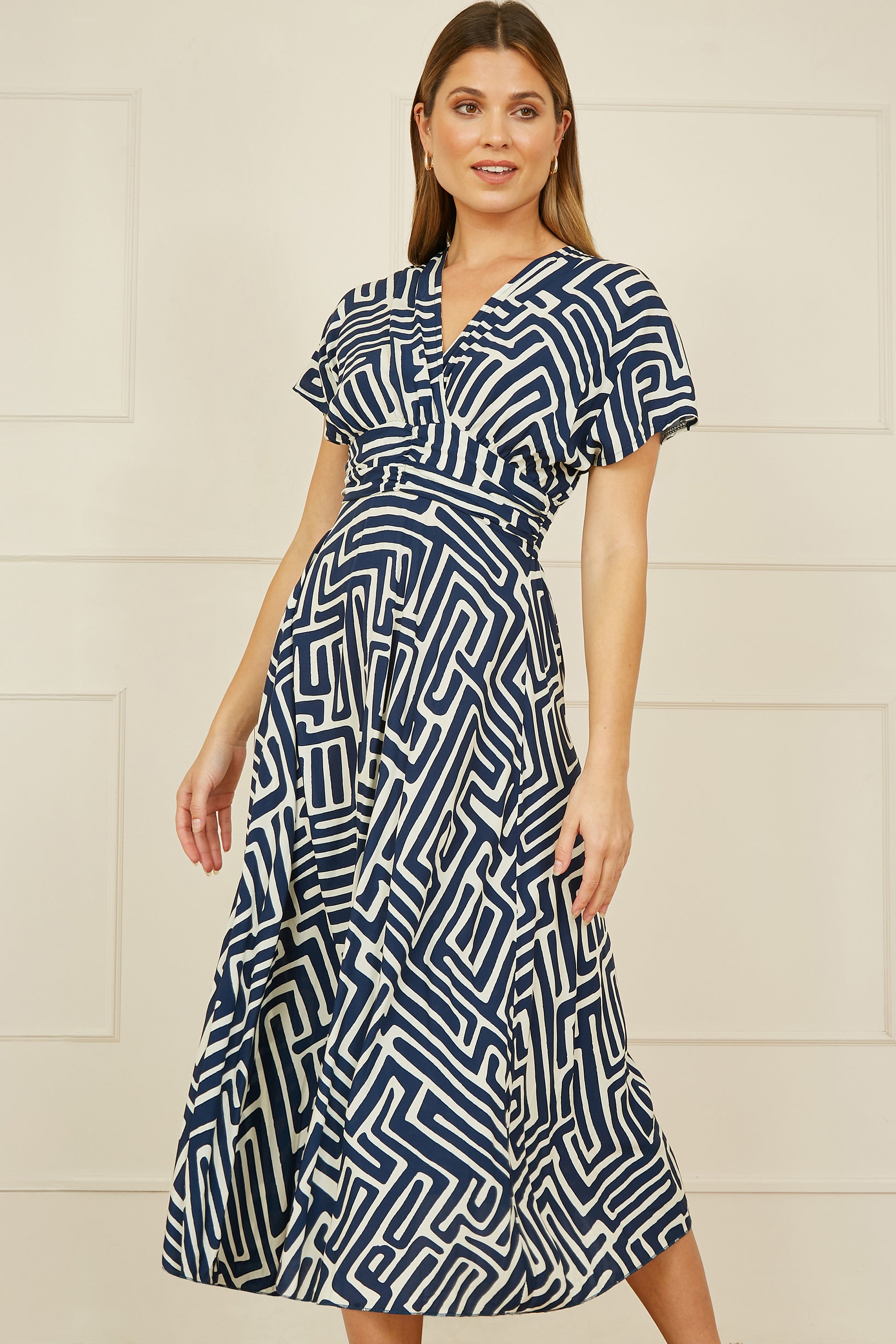 Yumi Navy Geometric Print Ruched Waist Midi Dress With Kimono Sleeves DRES Day Yumi