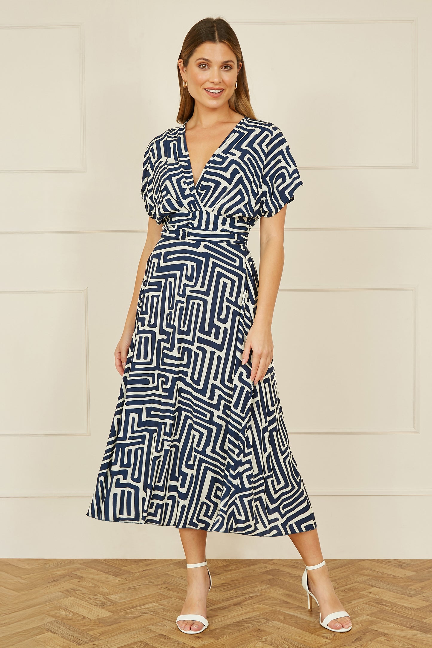 Yumi Navy Geometric Print Ruched Waist Midi Dress With Kimono Sleeves DRES Day Yumi