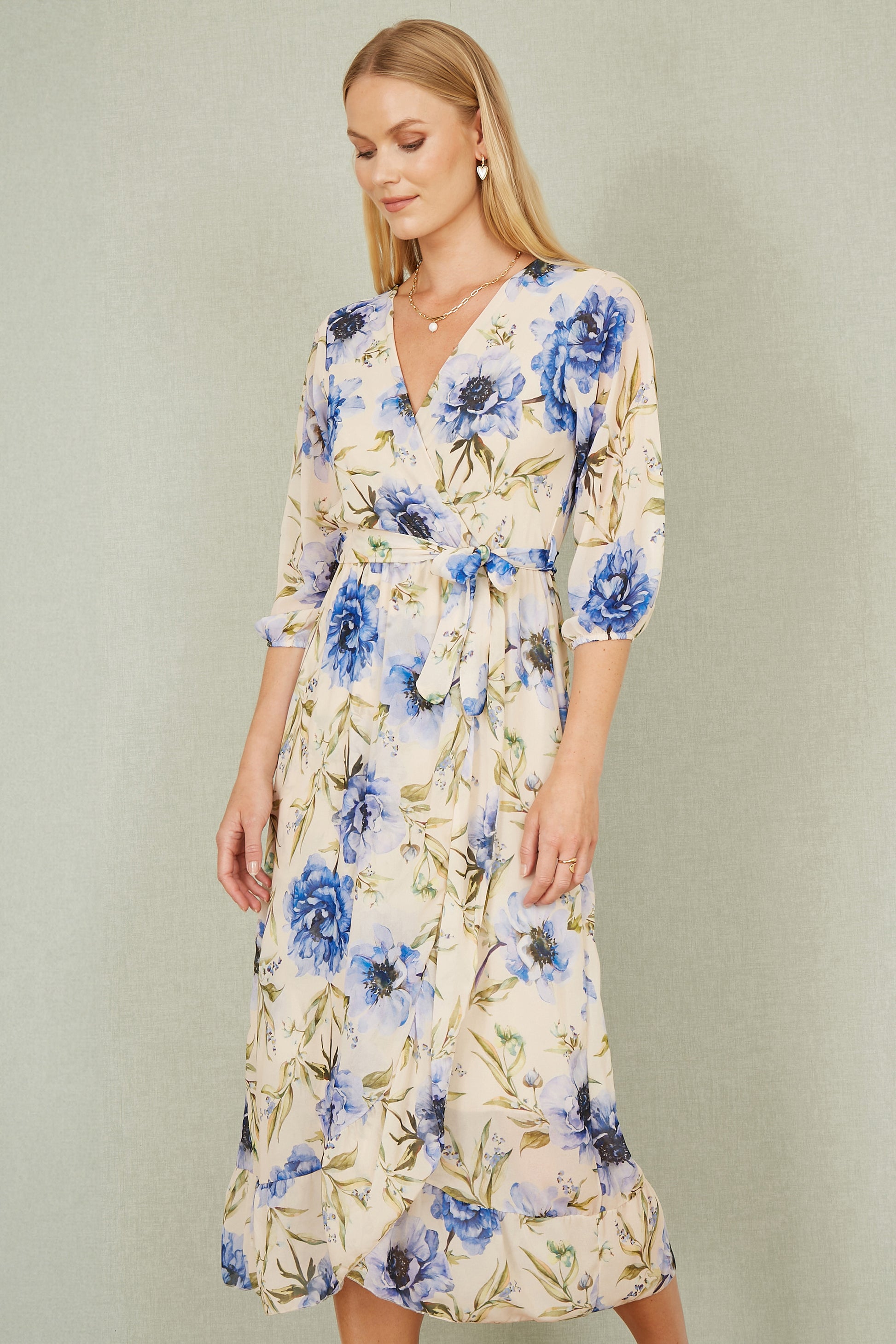 Yumi Cream Vintage Floral Wrap Midi Dress With Frill Occasionwear Yumi