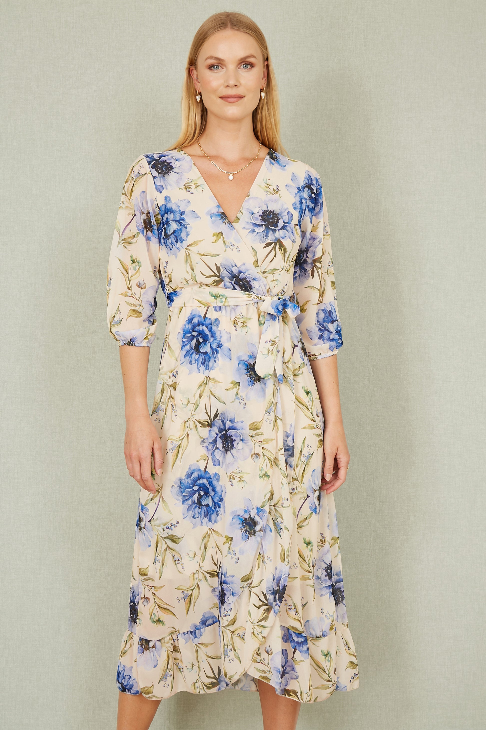 Yumi Cream Vintage Floral Wrap Midi Dress With Frill Occasionwear Yumi