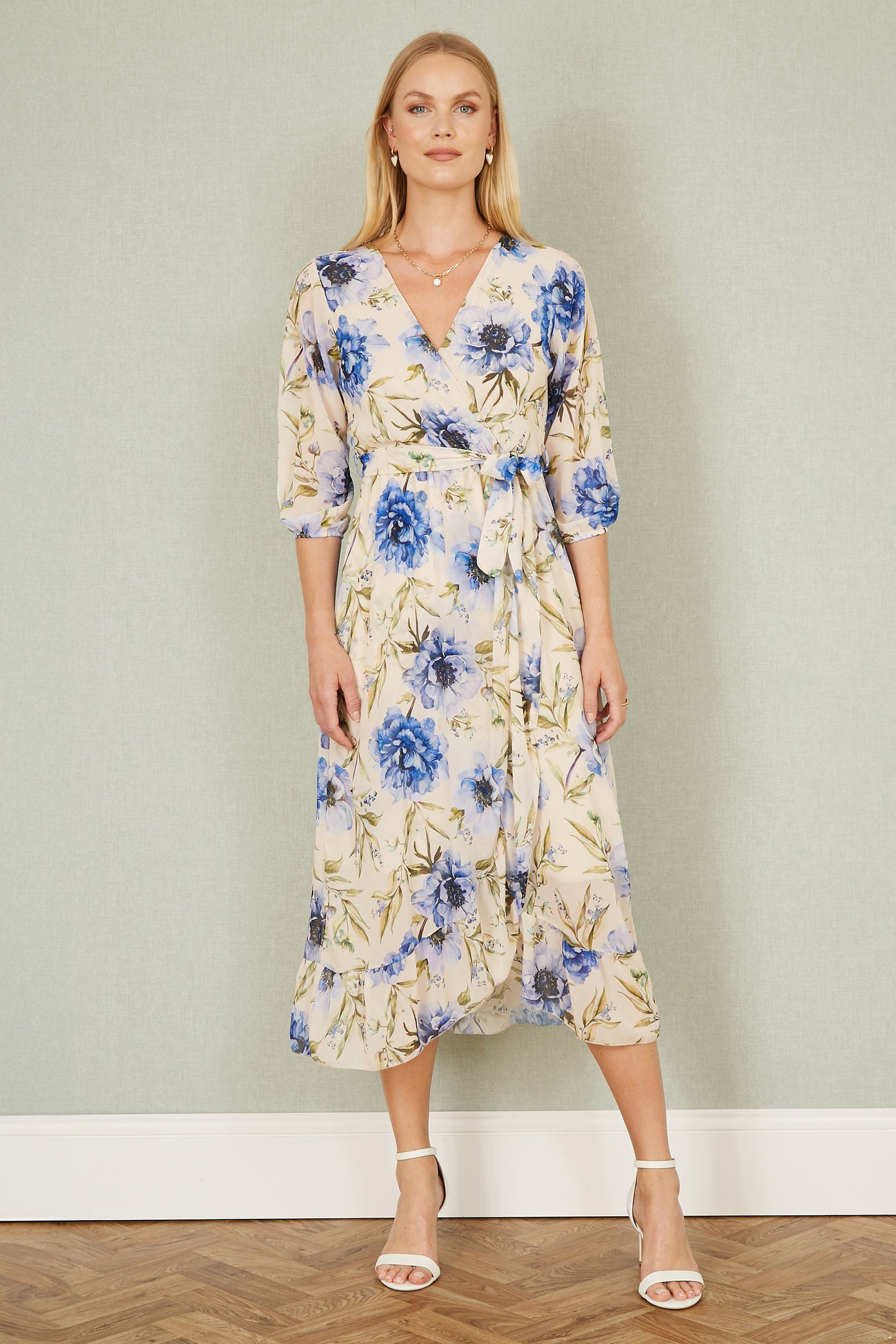 Yumi Cream Vintage Floral Wrap Midi Dress With Frill Occasionwear Yumi