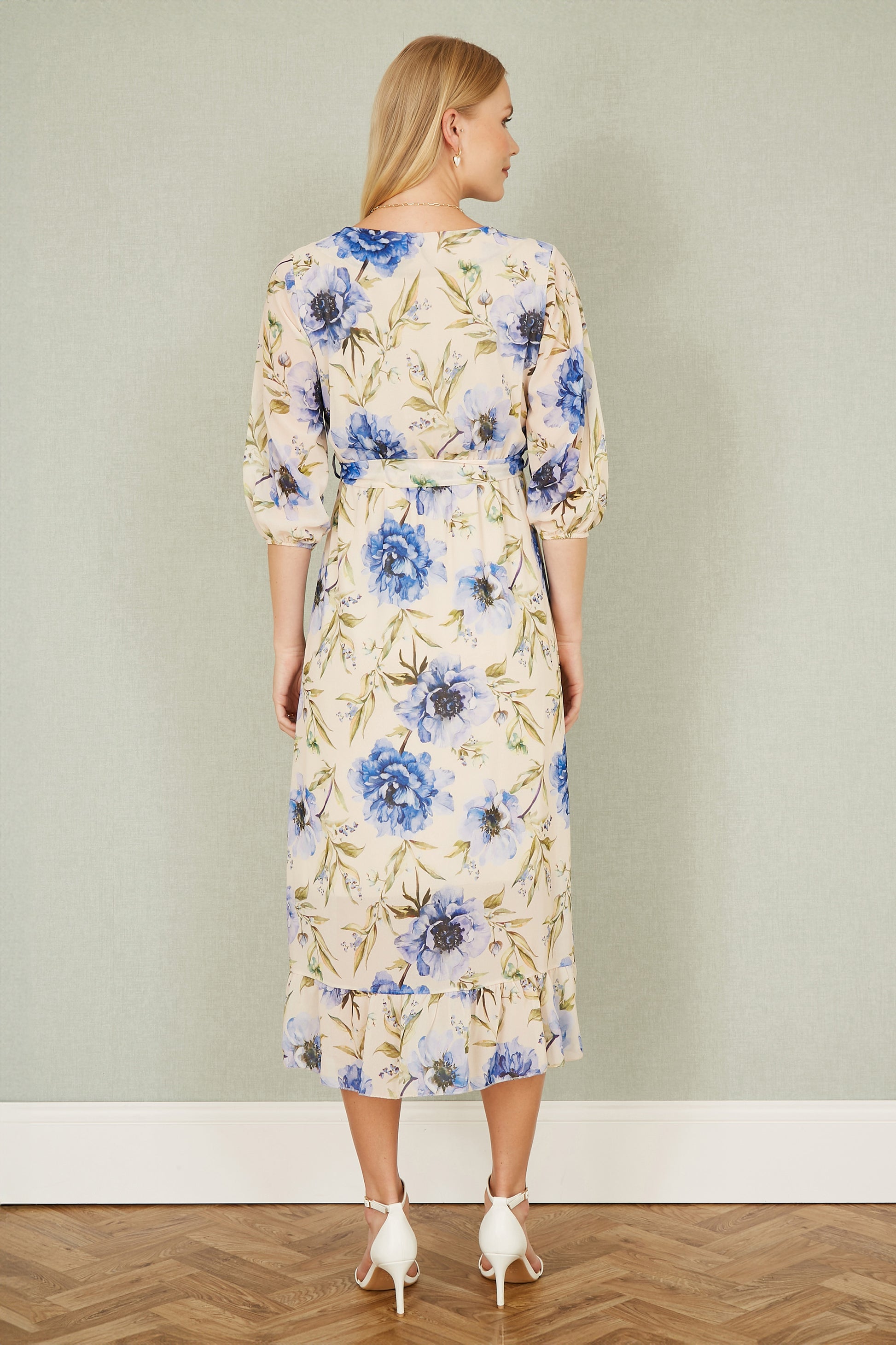 Yumi Cream Vintage Floral Wrap Midi Dress With Frill Occasionwear Yumi