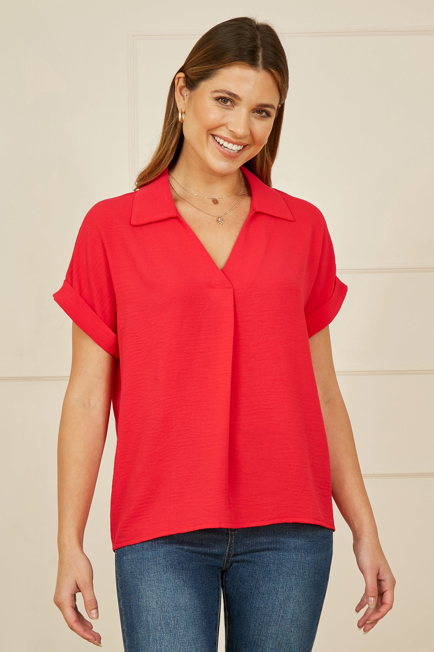 Yumi Red Stretch Relaxed Top With Collar Top Yumi