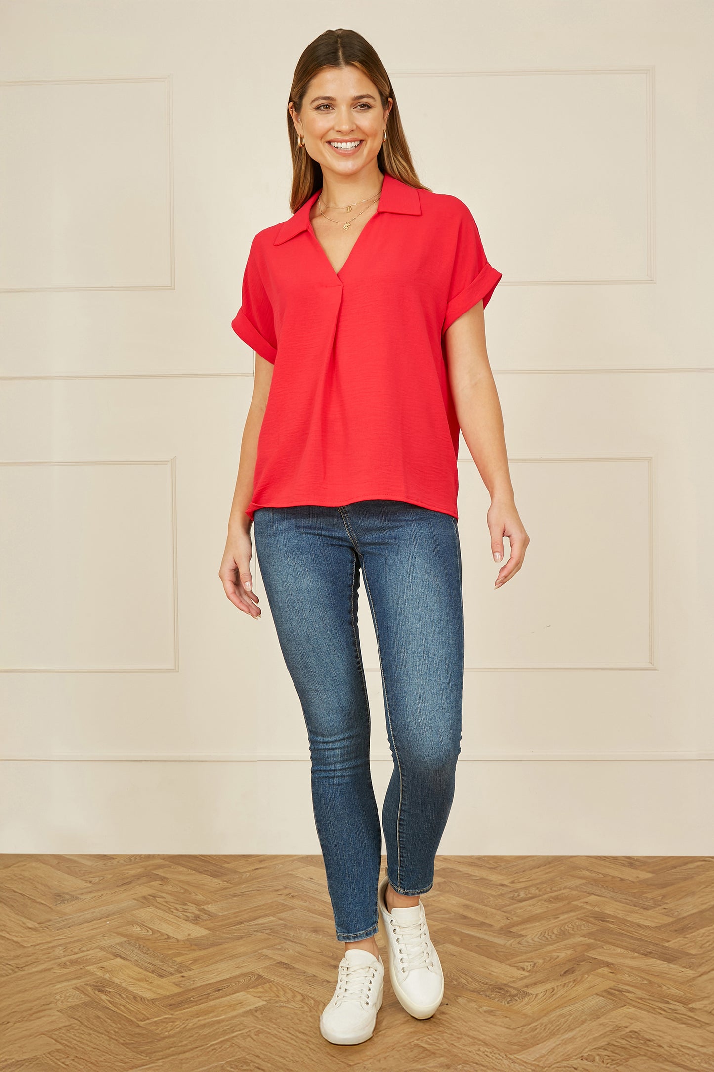 Yumi Red Stretch Relaxed Top With Collar Top Yumi