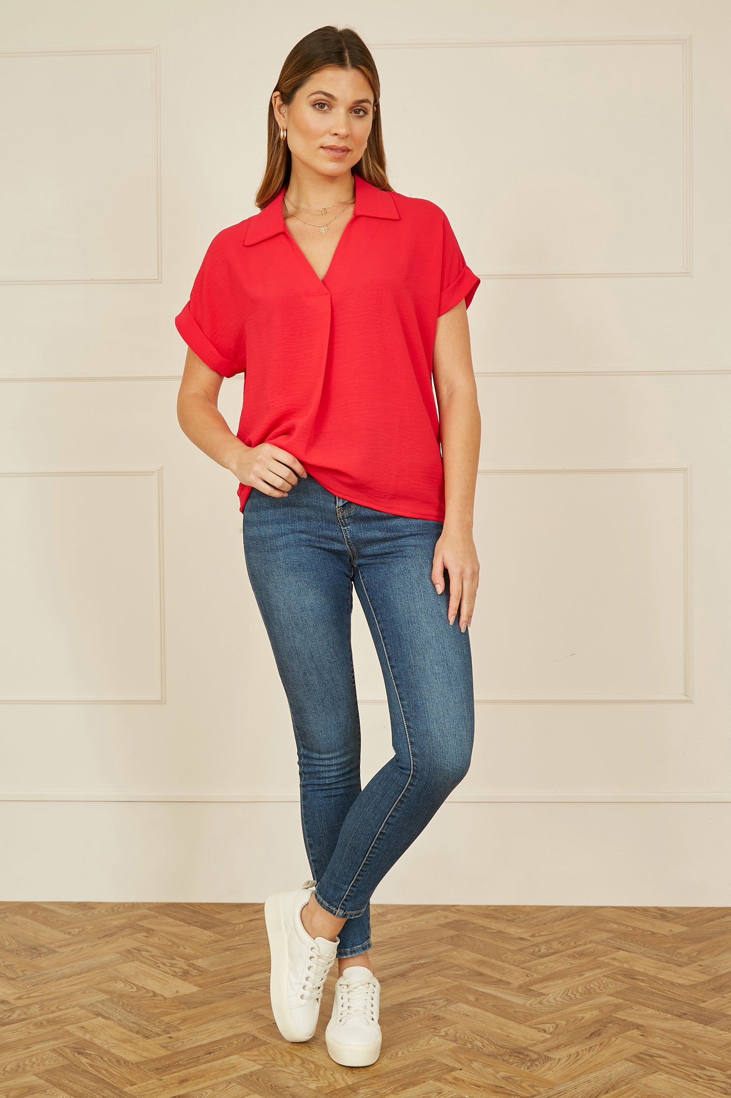 Yumi Red Stretch Relaxed Top With Collar Top Yumi