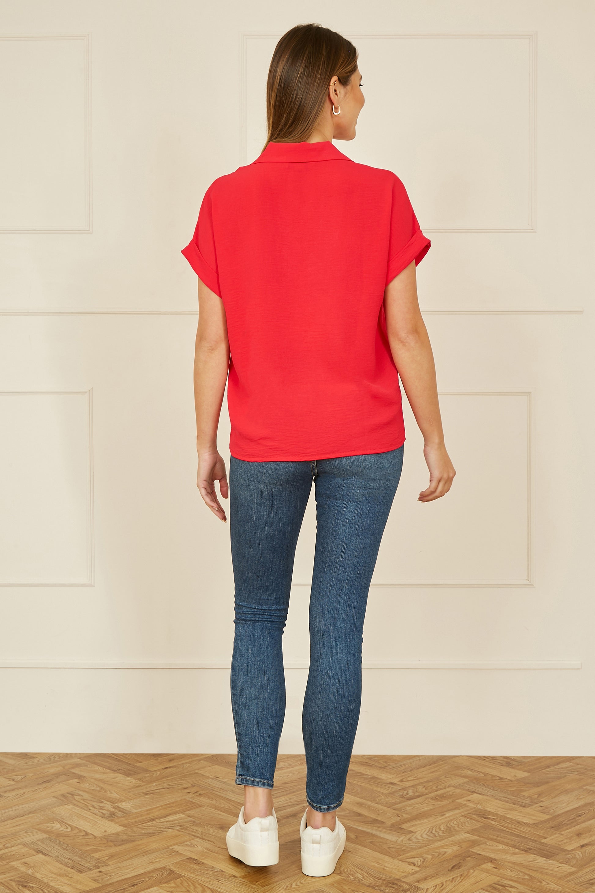 Yumi Red Stretch Relaxed Top With Collar Top Yumi