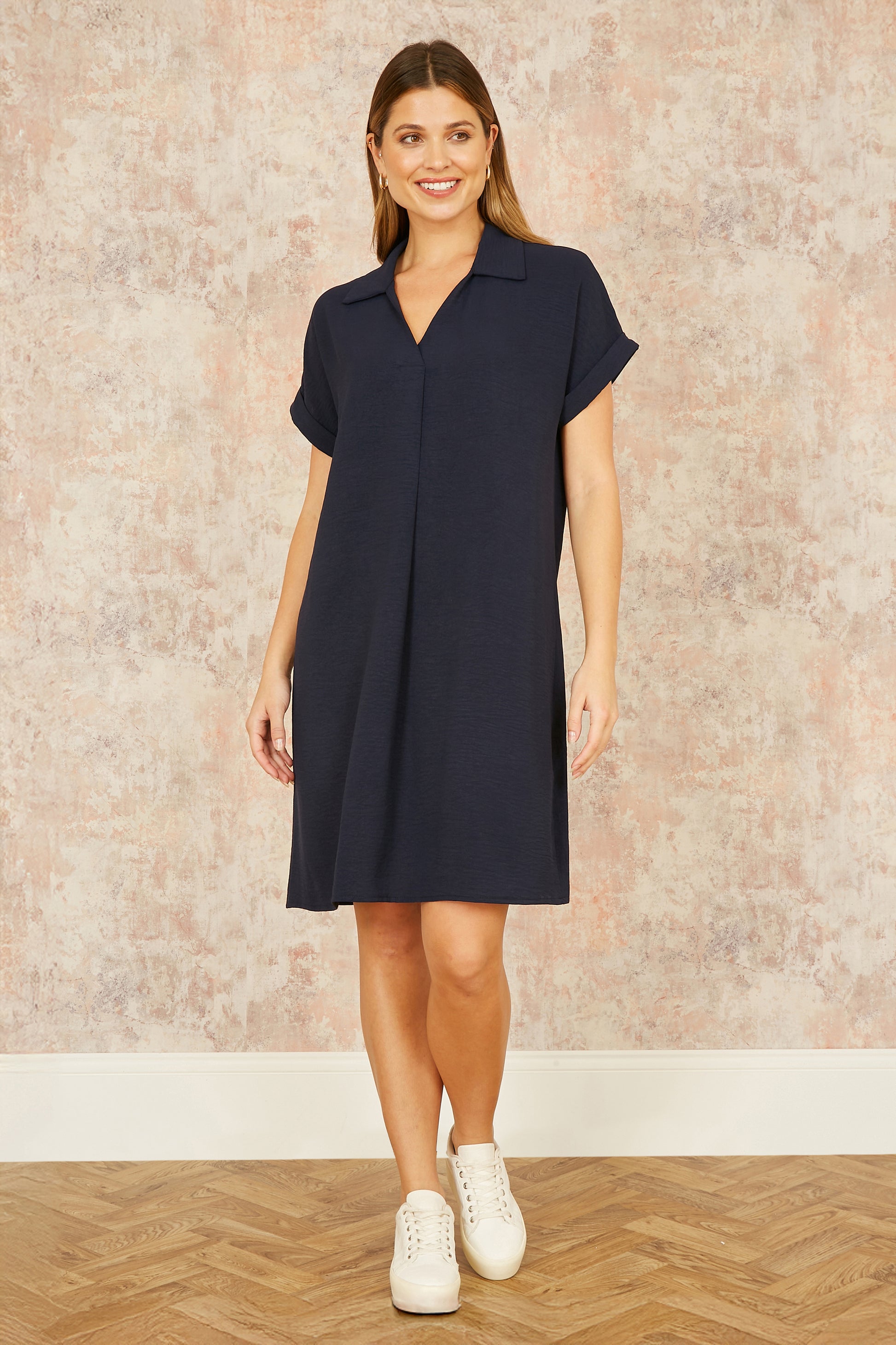 Yumi Navy Relaxed Fit Collared Tunic Dress DRES Day Yumi