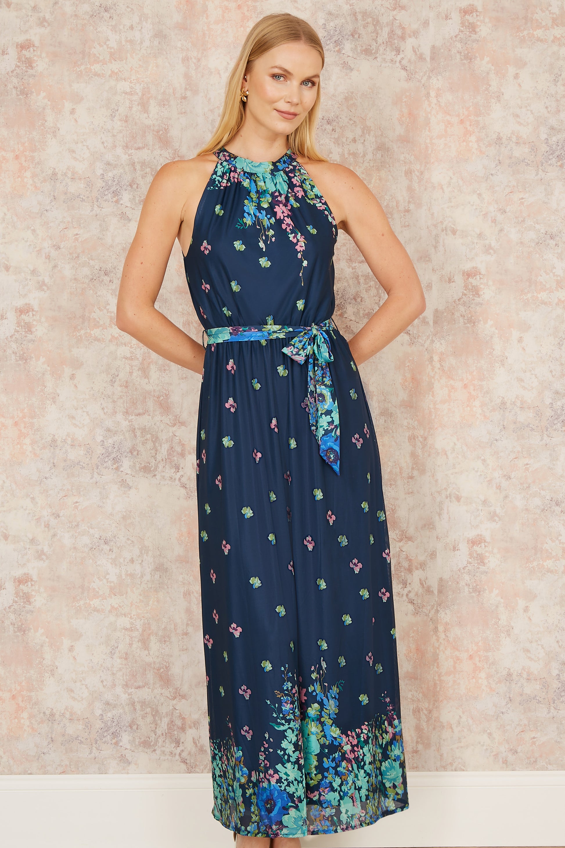 Yumi Navy Mirror Floral Print Maxi Halter neck Dress Occasionwear Yumi