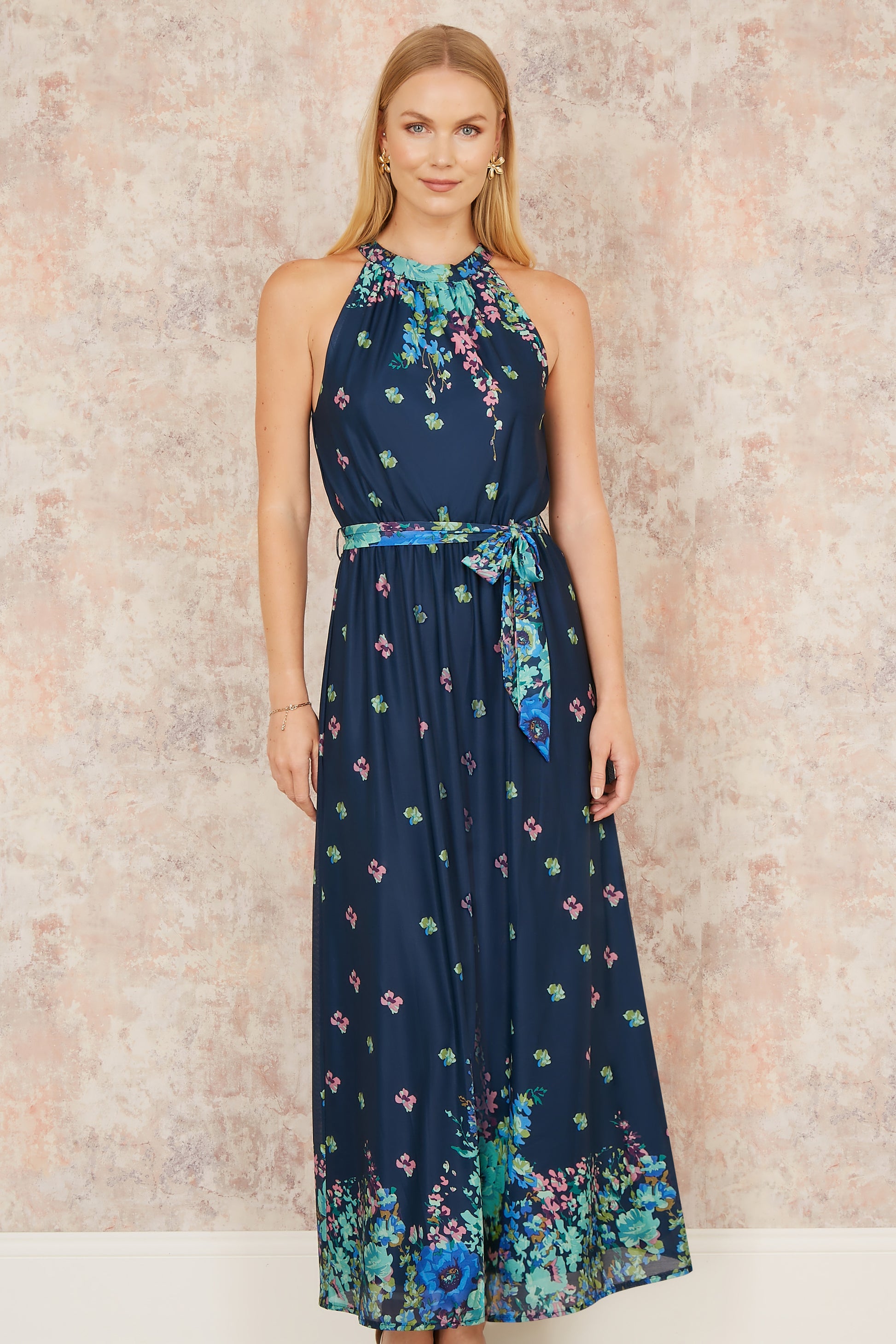 Yumi Navy Mirror Floral Print Maxi Halter neck Dress Occasionwear Yumi