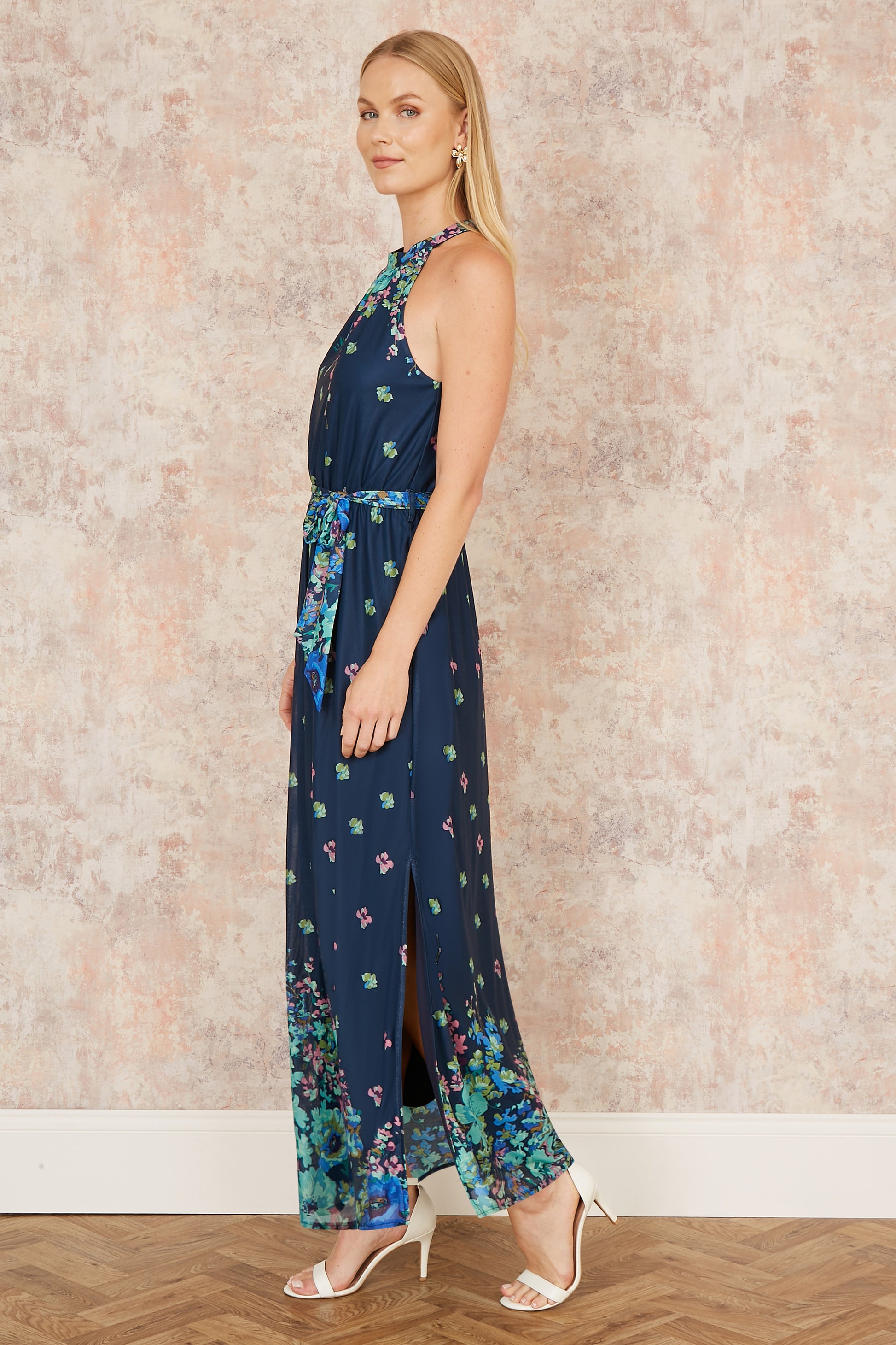 Yumi Navy Mirror Floral Print Maxi Halter neck Dress Occasionwear Yumi