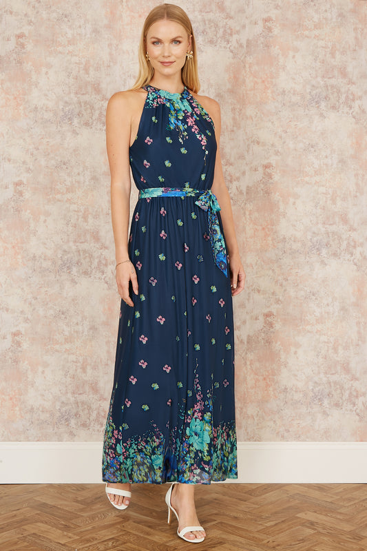 Yumi Navy Mirror Floral Print Maxi Halter neck Dress Occasionwear Yumi