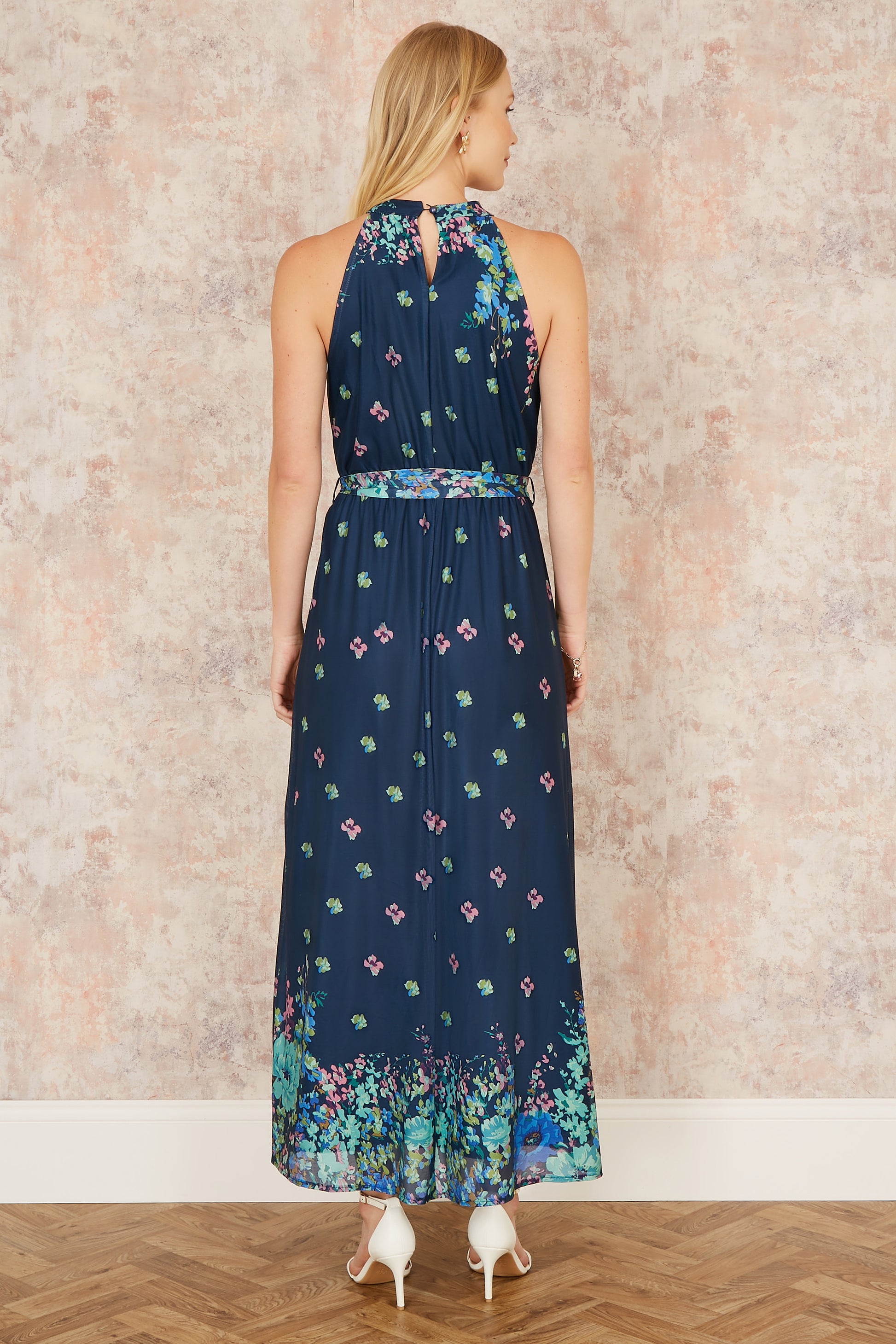 Yumi Navy Mirror Floral Print Maxi Halter neck Dress Occasionwear Yumi