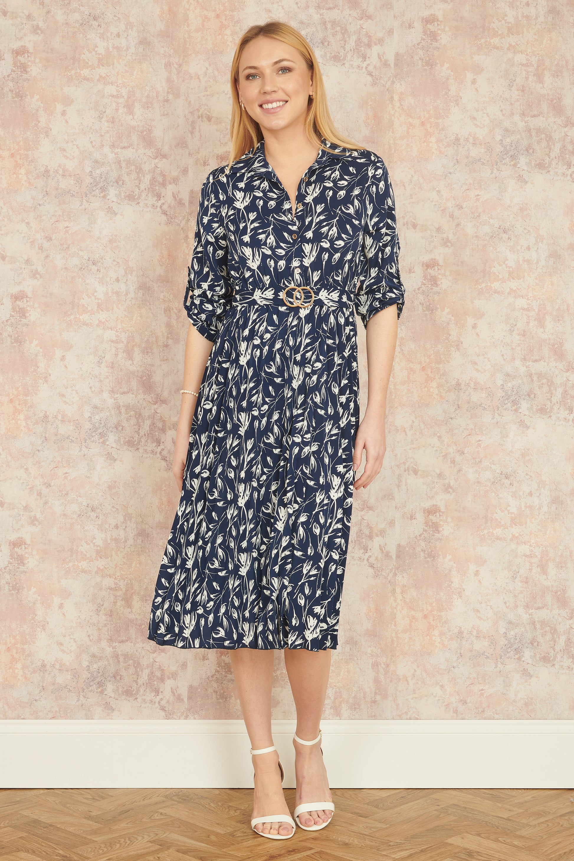 Yumi Navy Floral Print Pleated Skater Dress With Buckle Occasionwear Yumi