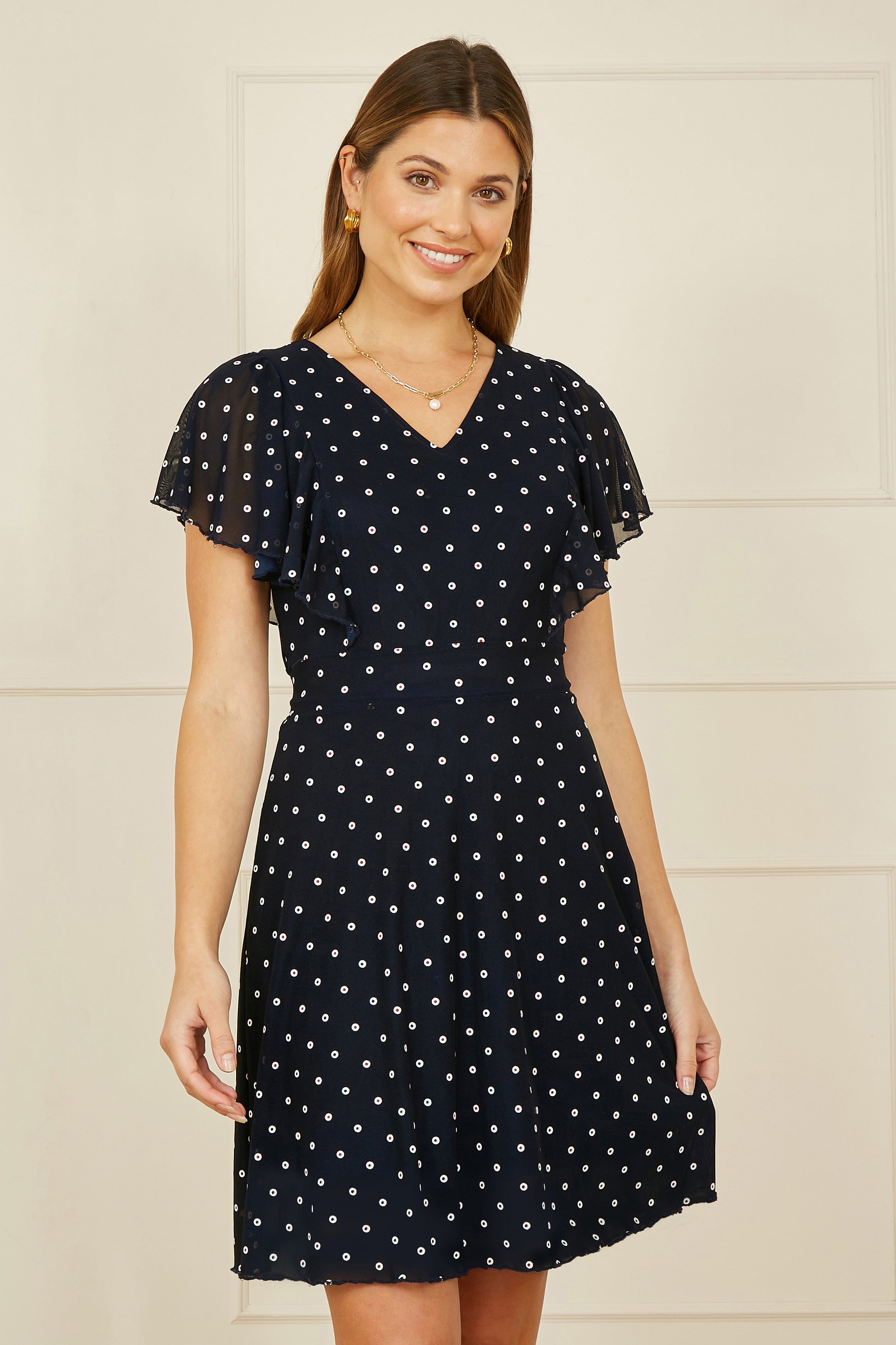 Yumi Navy Polka Dot Skater Dress With Ruffle Sleeves DRES Day Yumi