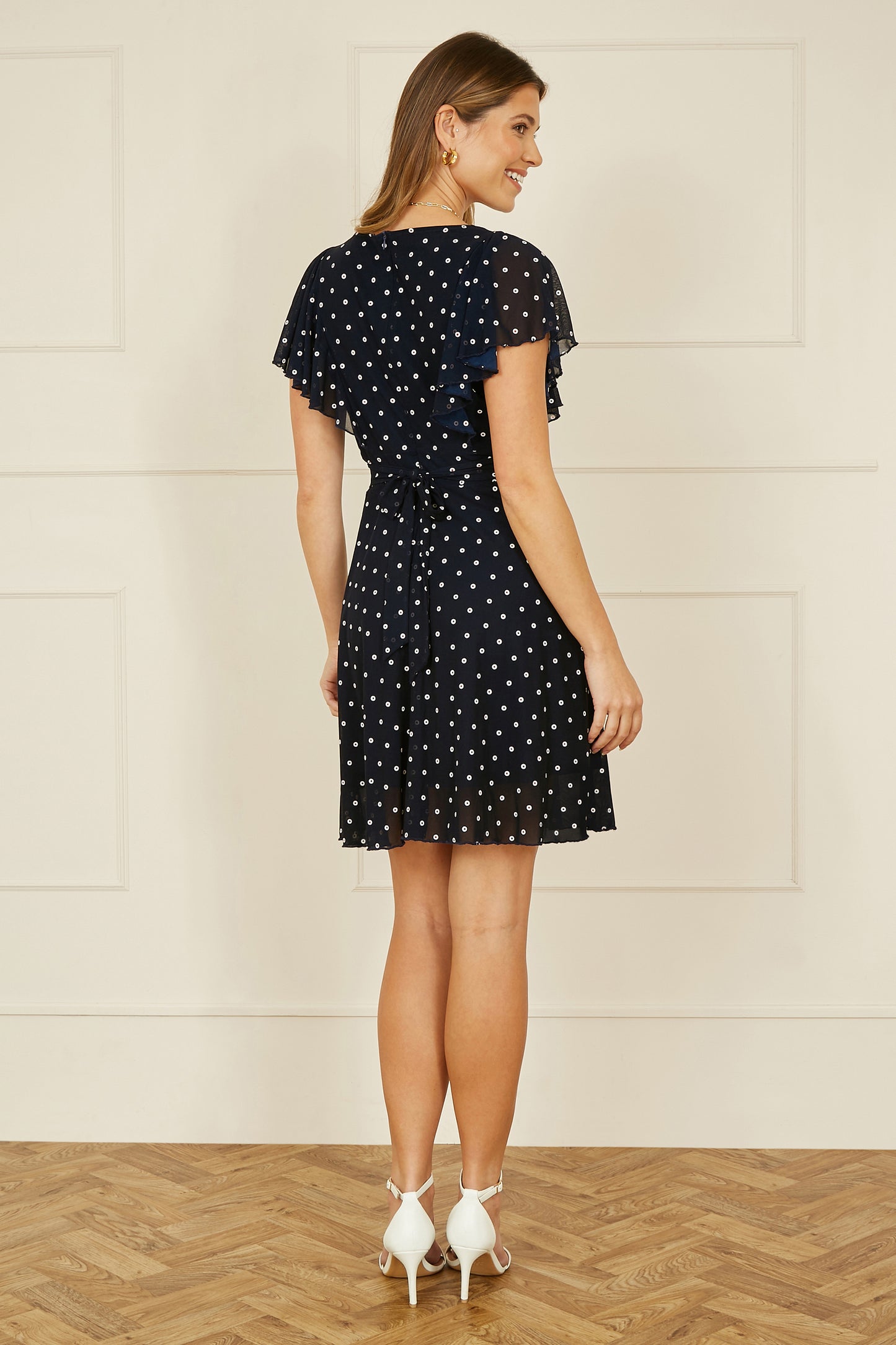 Yumi Navy Polka Dot Skater Dress With Ruffle Sleeves DRES Day Yumi