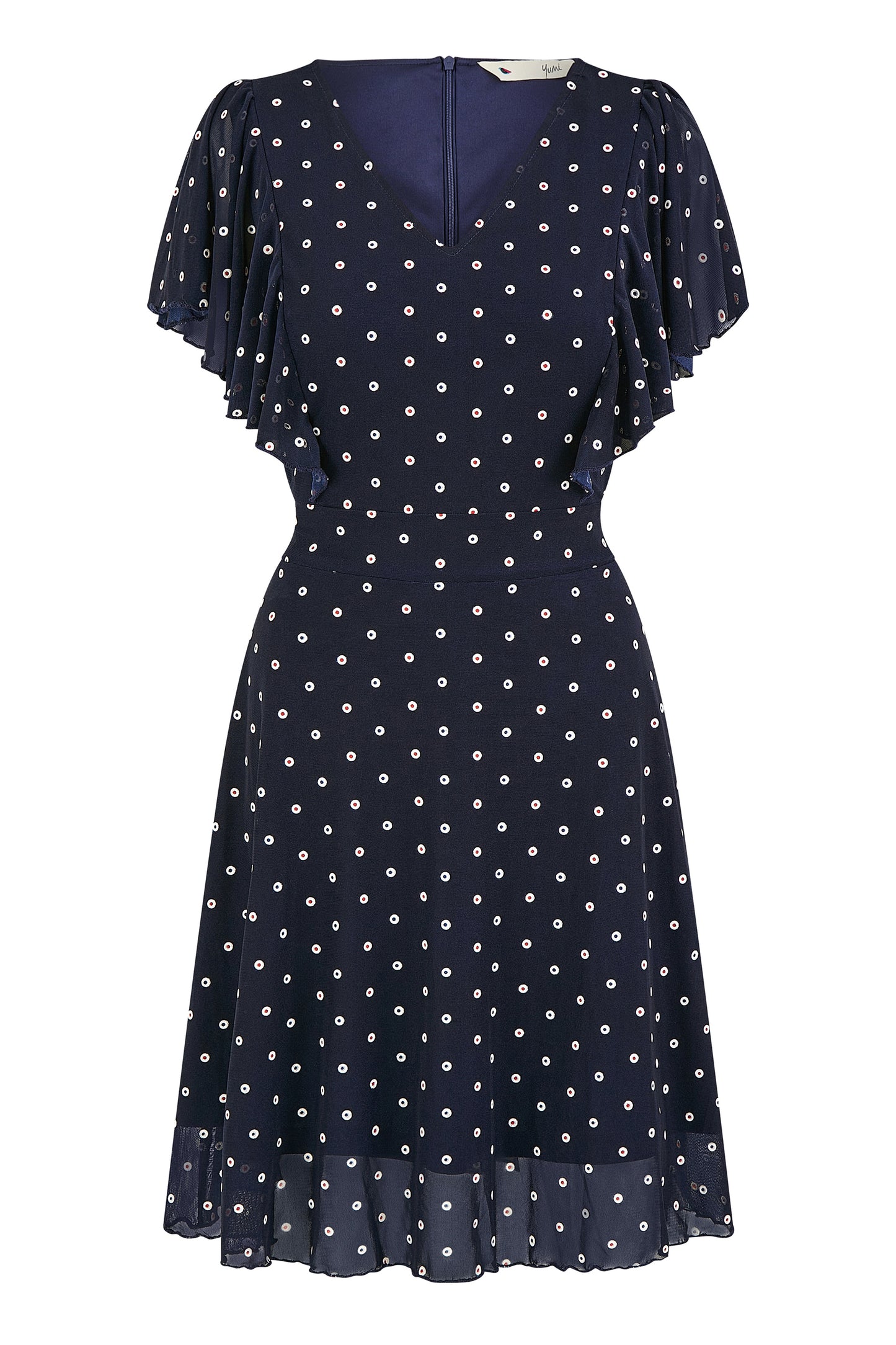 Yumi Navy Polka Dot Skater Dress With Ruffle Sleeves DRES Day Yumi