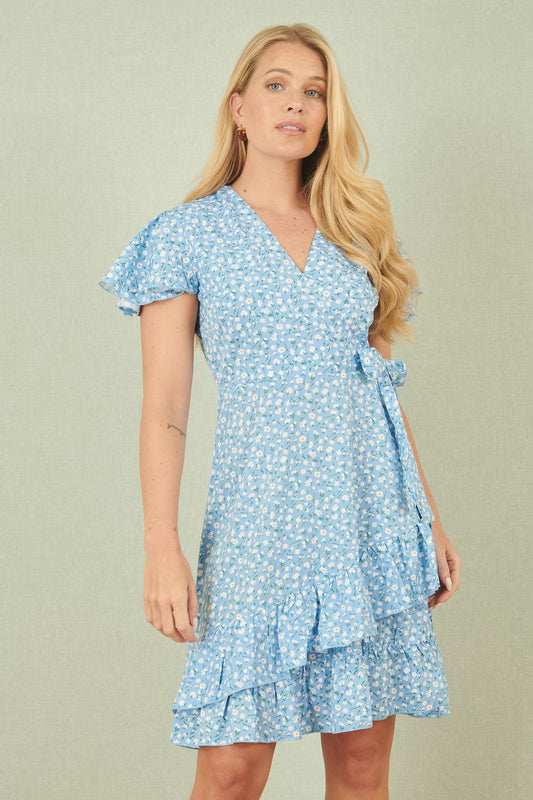 Yumi Blue Ditsy Floral Wrap Frill Dress DRES Day Yumi