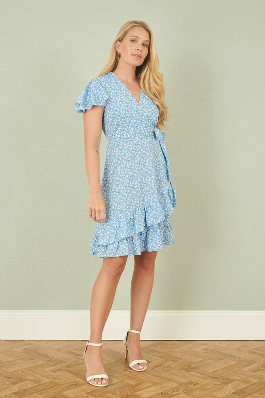 Yumi Blue Ditsy Floral Wrap Frill Dress DRES Day Yumi