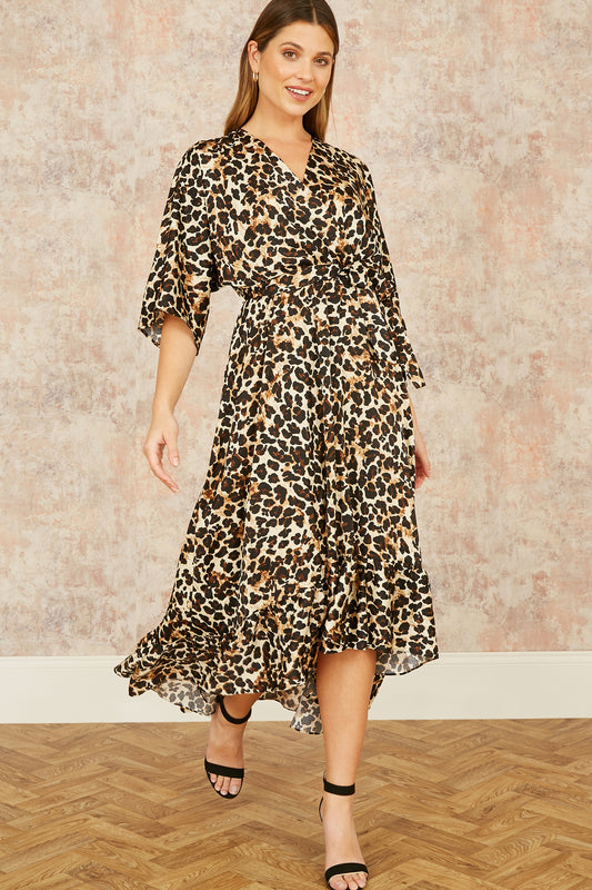 Yumi Brown Leopard Midi Wrap Dress With Kimono Sleeves Yumi