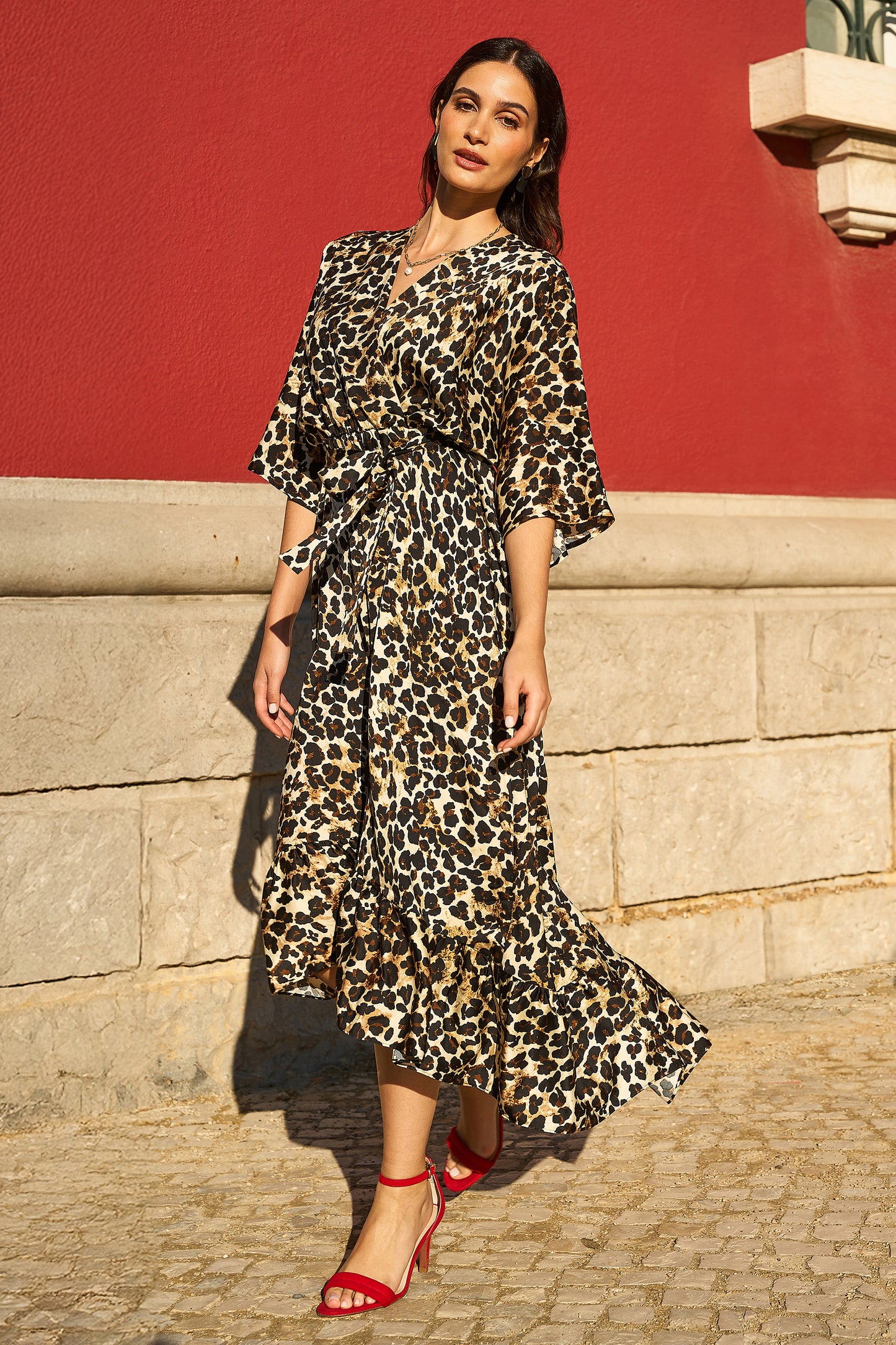 Yumi Brown Leopard Midi Wrap Dress With Kimono Sleeves Yumi