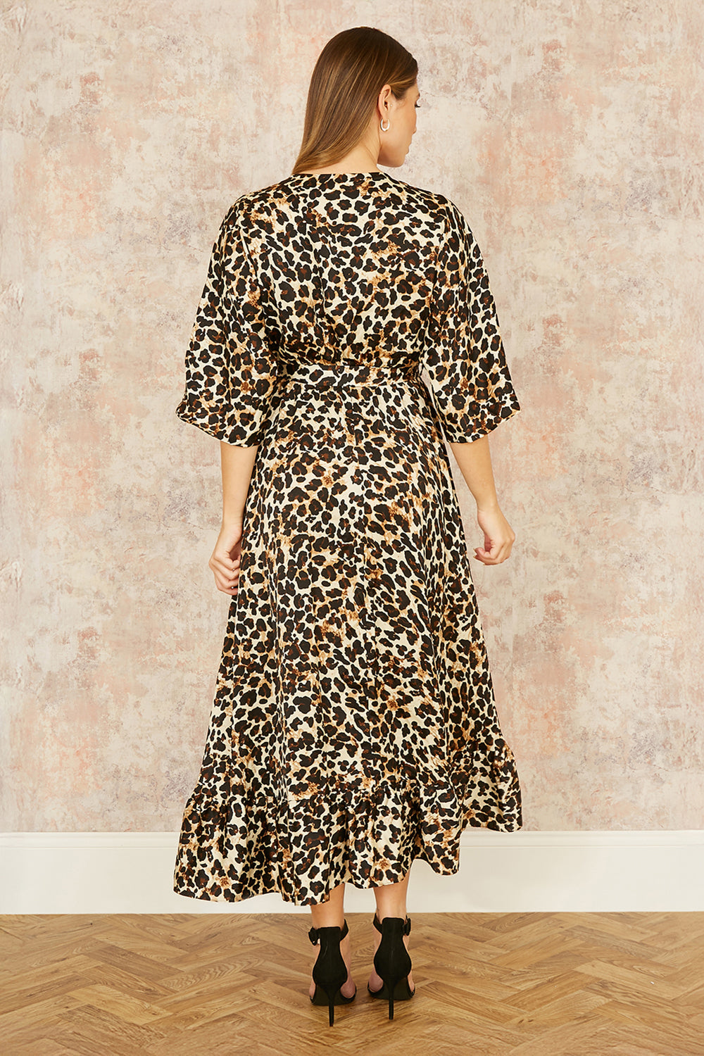 Yumi Brown Leopard Midi Wrap Dress With Kimono Sleeves Yumi