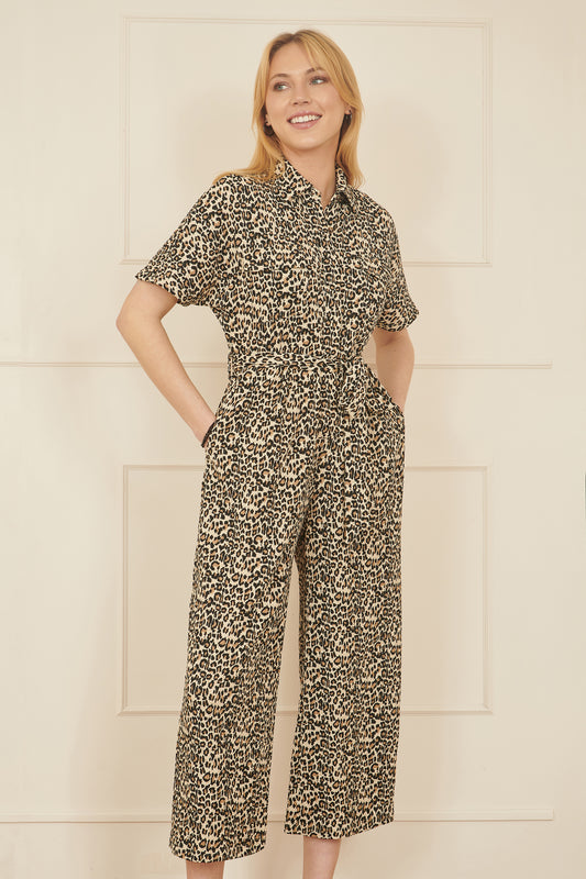 Yumi Brown Leopard Print Pleated Fabric Jumpsuit JUMPSUIT Yumi