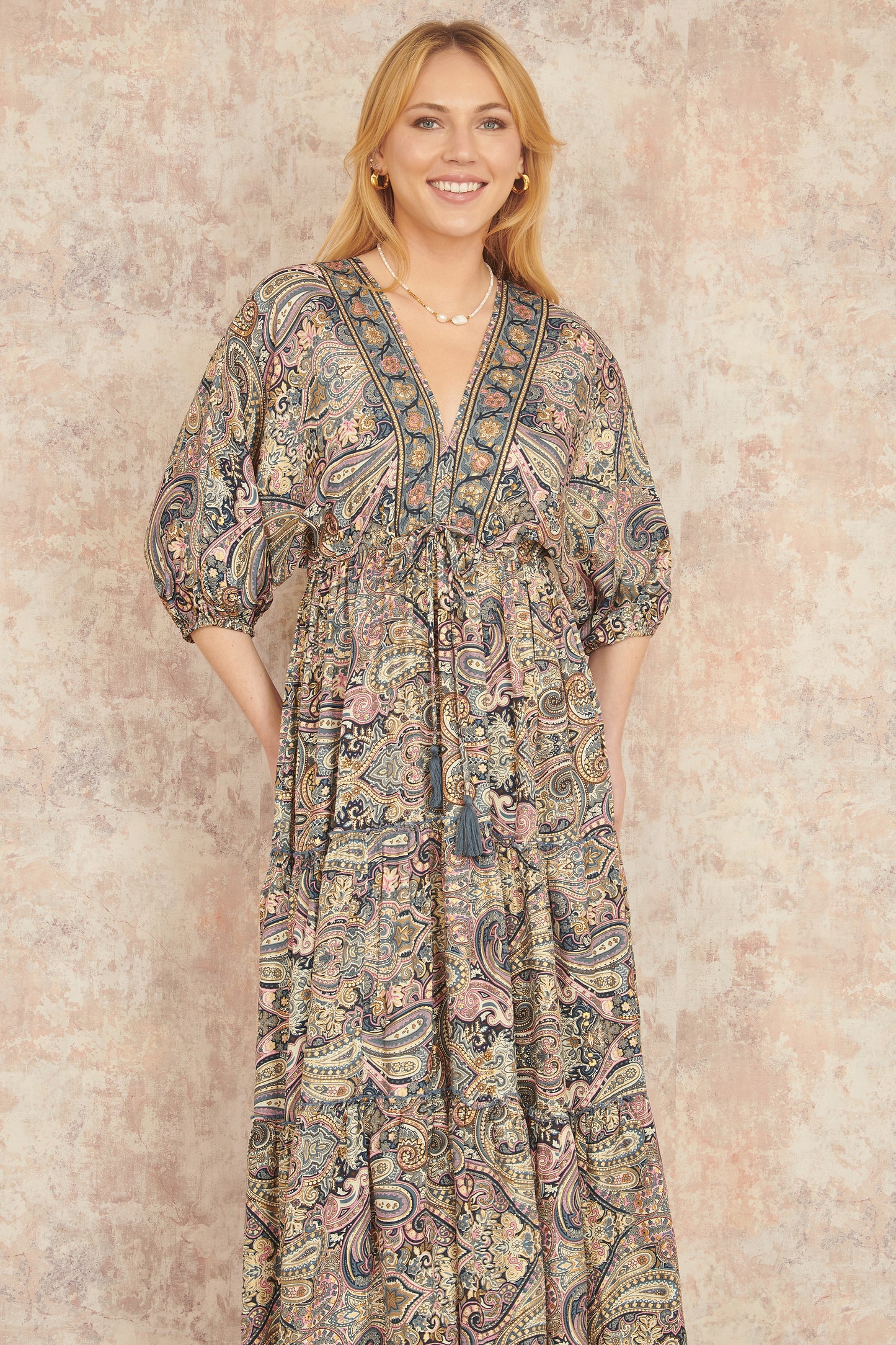 Yumi Multicolour Paisley Print Midi Kimono Dress With Tie Back DRESS Yumi