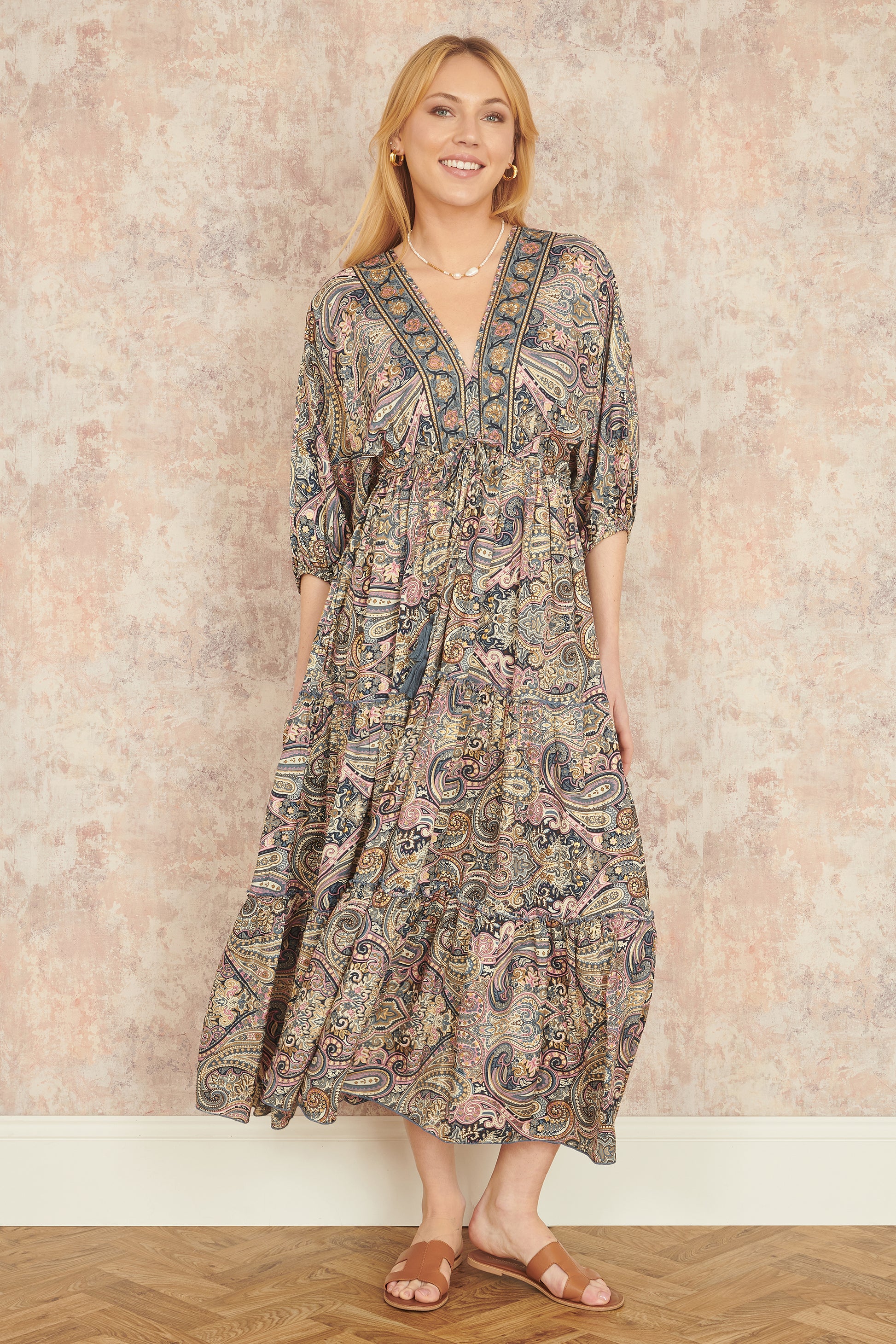 Yumi Multicolour Paisley Print Midi Kimono Dress With Tie Back DRESS Yumi