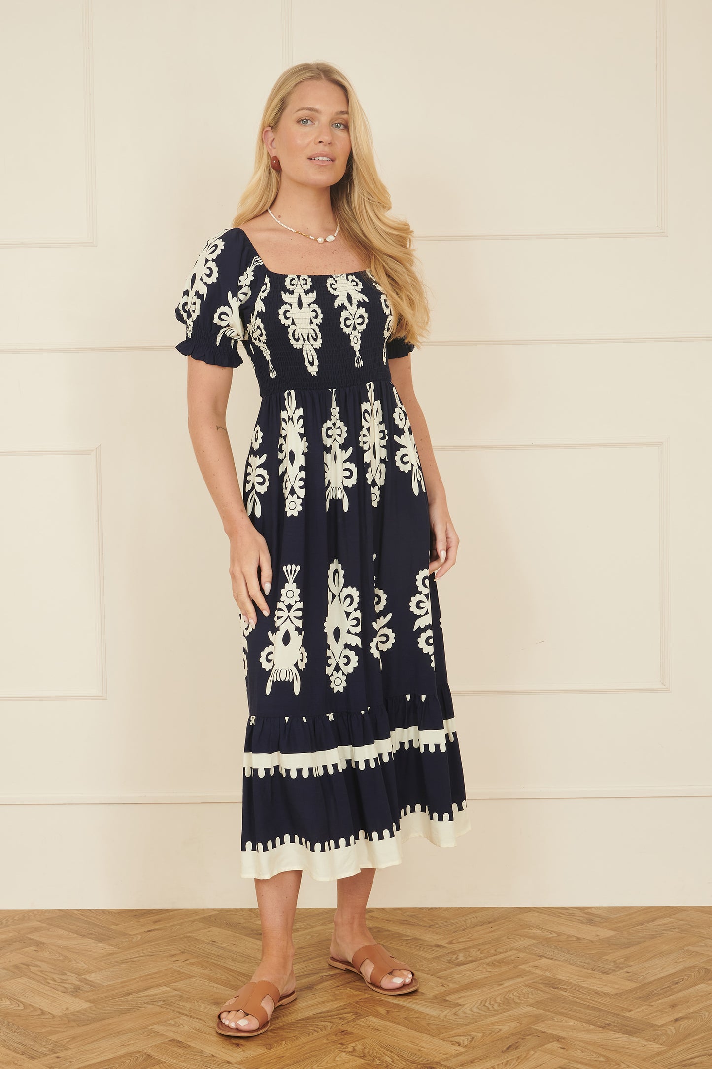 Yumi Navy Block Print Viscose Ruched Midi Dress DRES Day Yumi