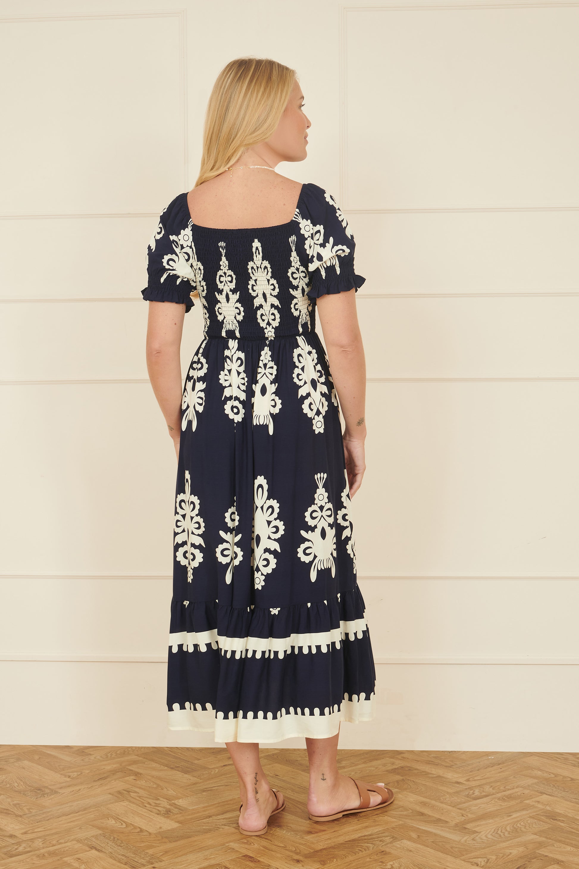 Yumi Navy Block Print Viscose Ruched Midi Dress DRES Day Yumi