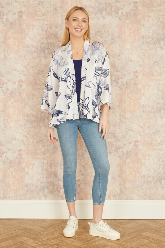 Yumi White Abstract Floral Print Kimono Kimono Yumi