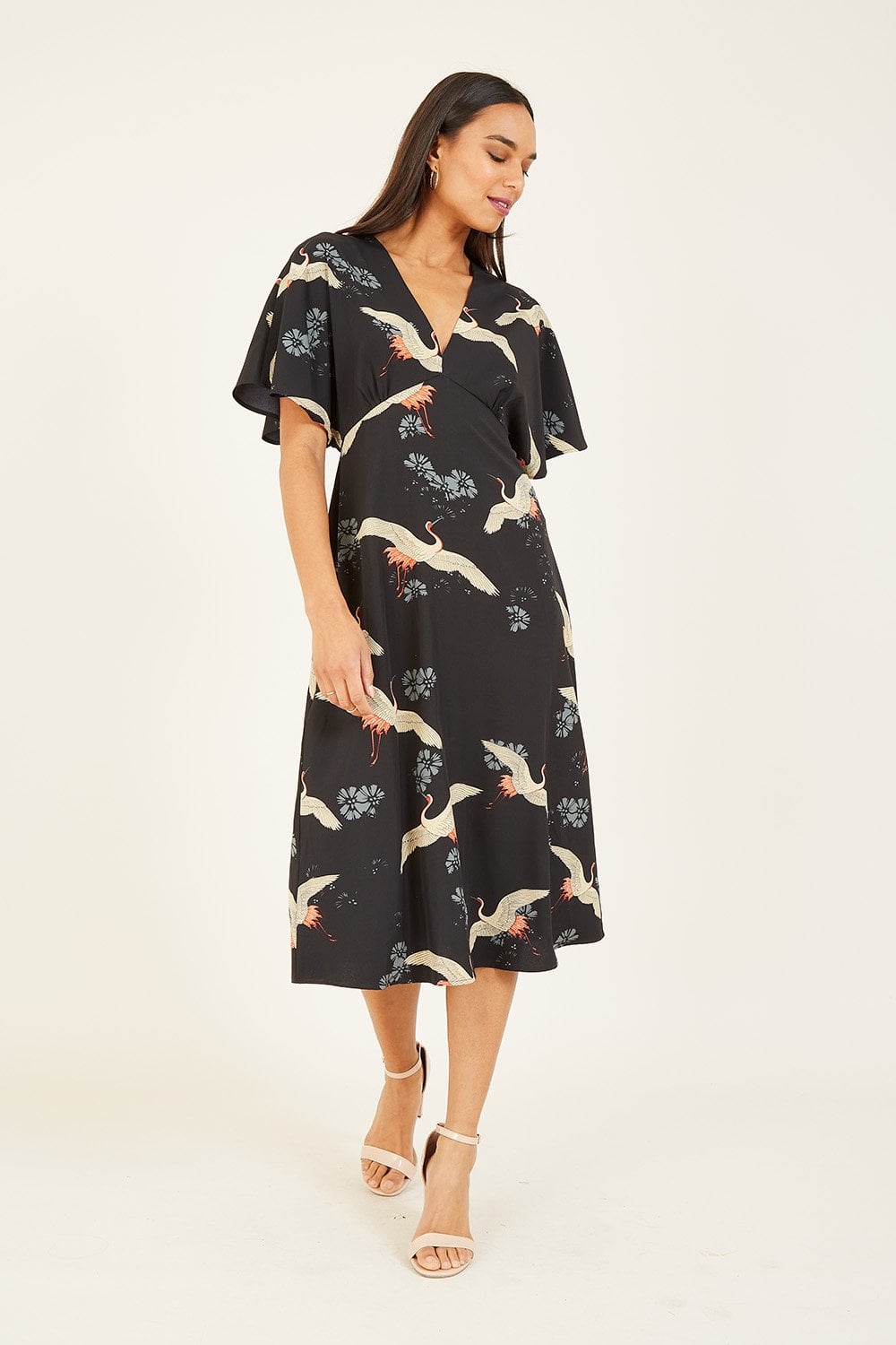 Black Crane Print Kimono Midi Dress Yumi