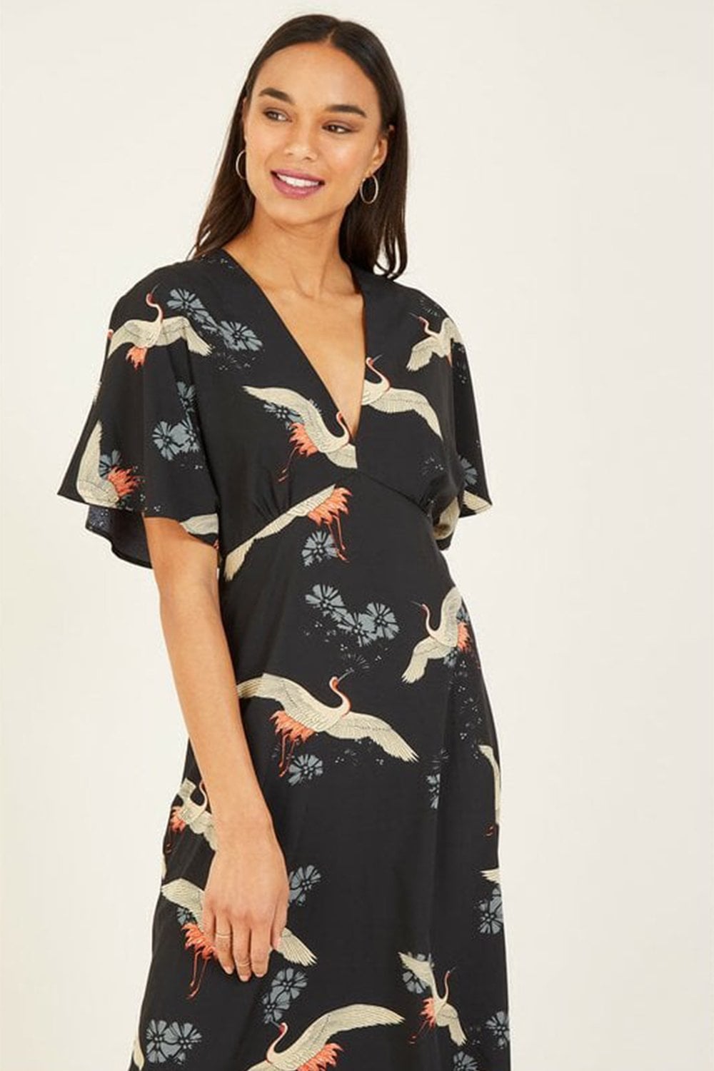 Black Crane Print Kimono Midi Dress Yumi