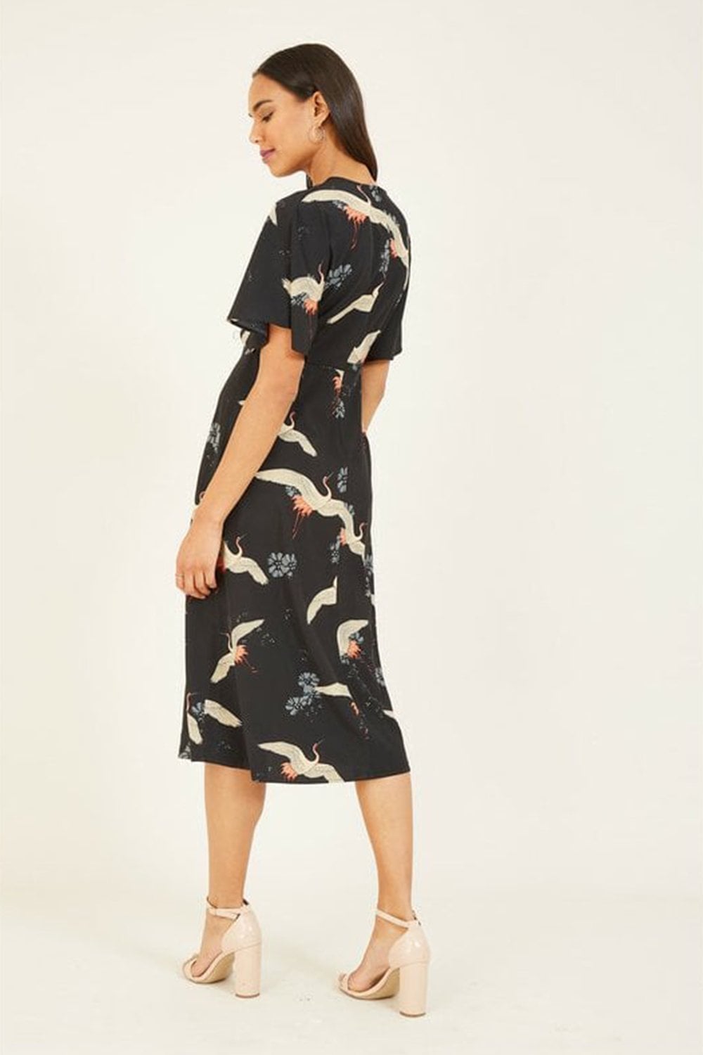 Black Crane Print Kimono Midi Dress Yumi